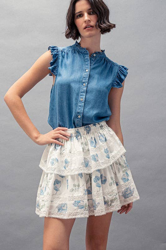 Urban Daizy Blue Rose Print Lace Trim Double Tiered Mini Skirt Ivory Skirt - Women's (UDZ-AC-00158) – alternate view 8