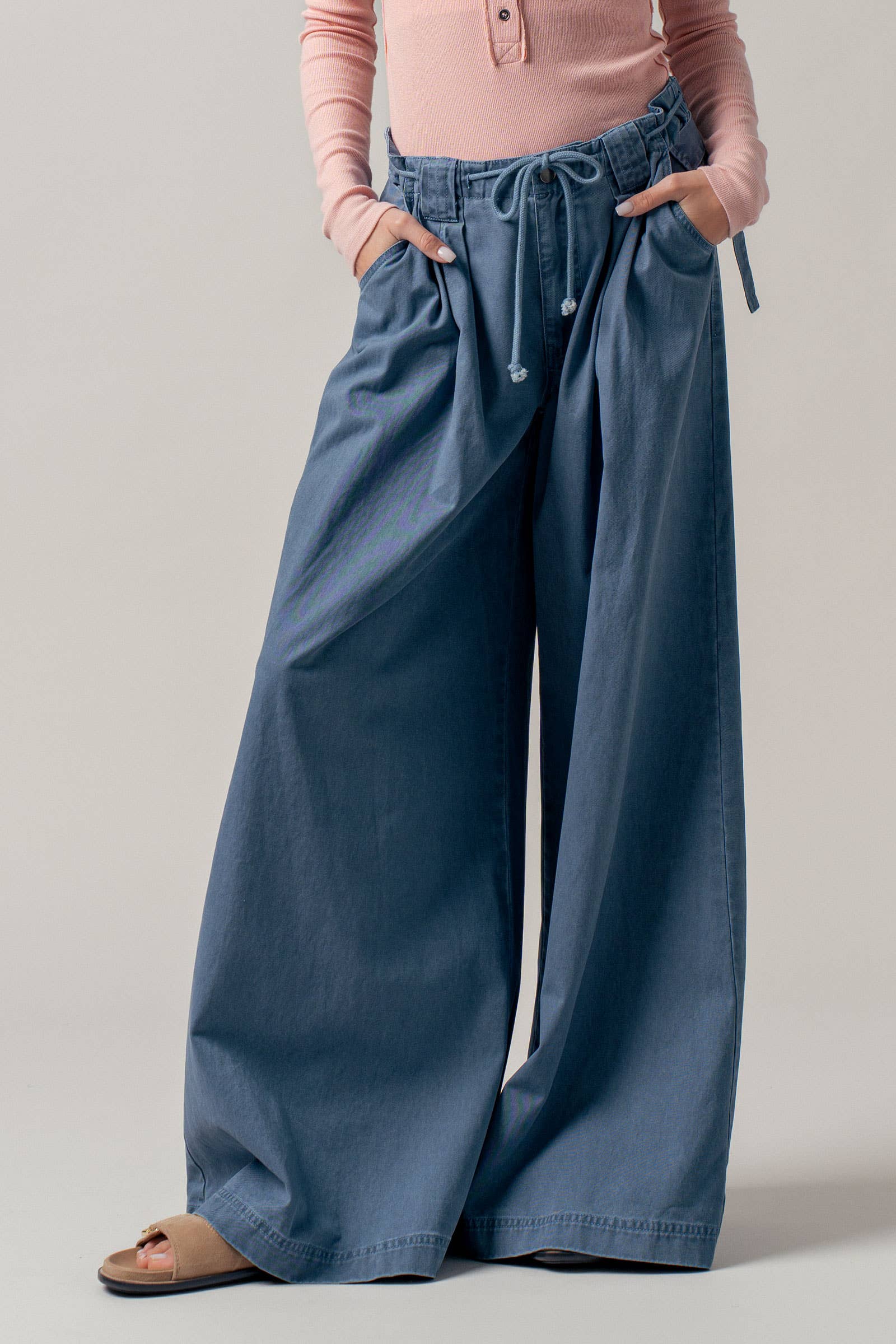 Wide-Leg Drawstring Denim Pants