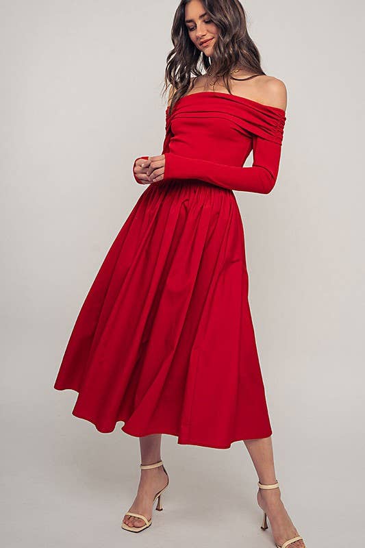 Urban Daizy Elegant Off Shoulder Ruched Long Sleeve Spring Midi Dress Red Dress - Women's (UDZ-DR-00366) – alternate view 7