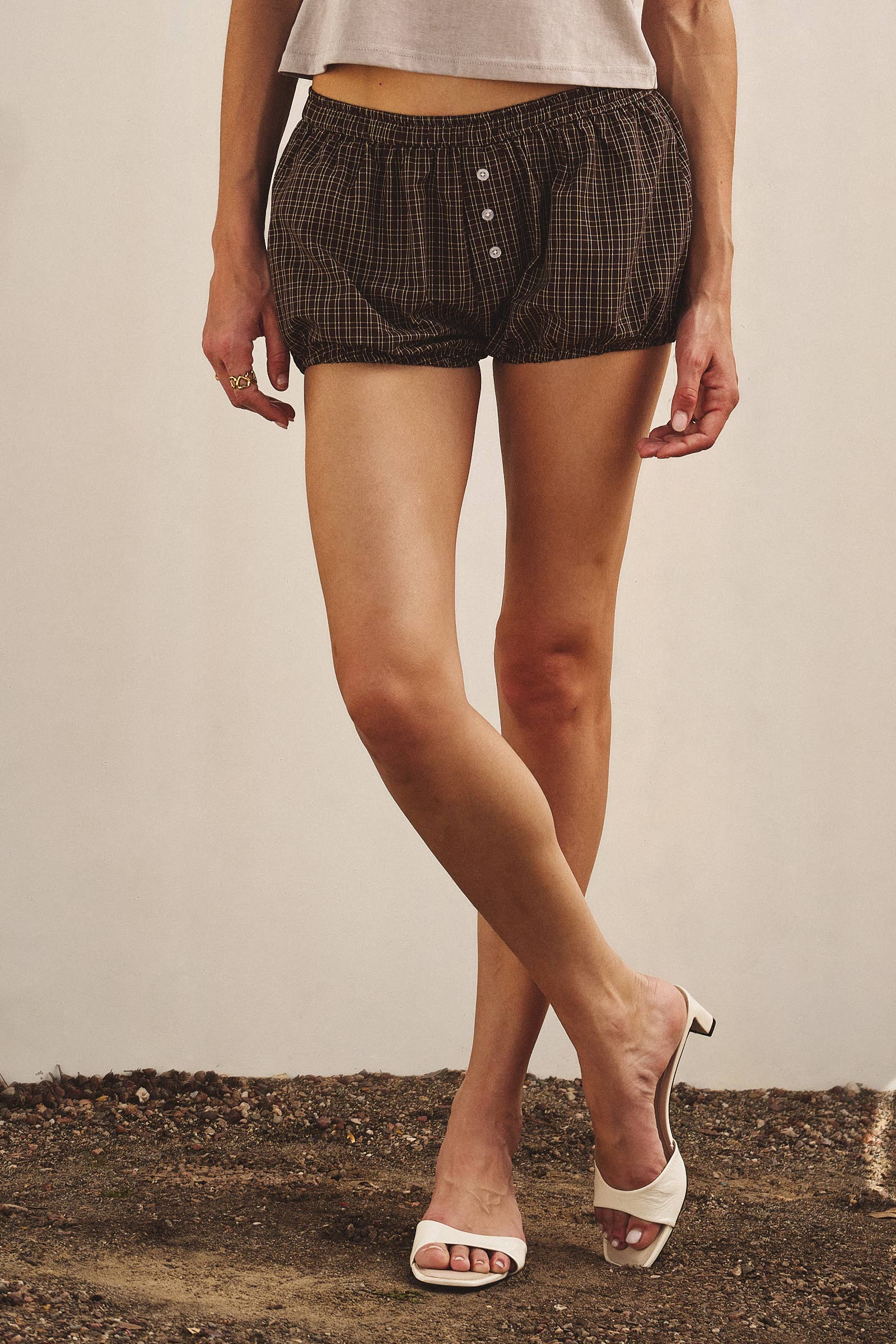 Urban Daizy Retro Plaid Button-Front Bloomer Shorts Brown Shorts - Women's (UDPT0176-Brown) – alternate view 6