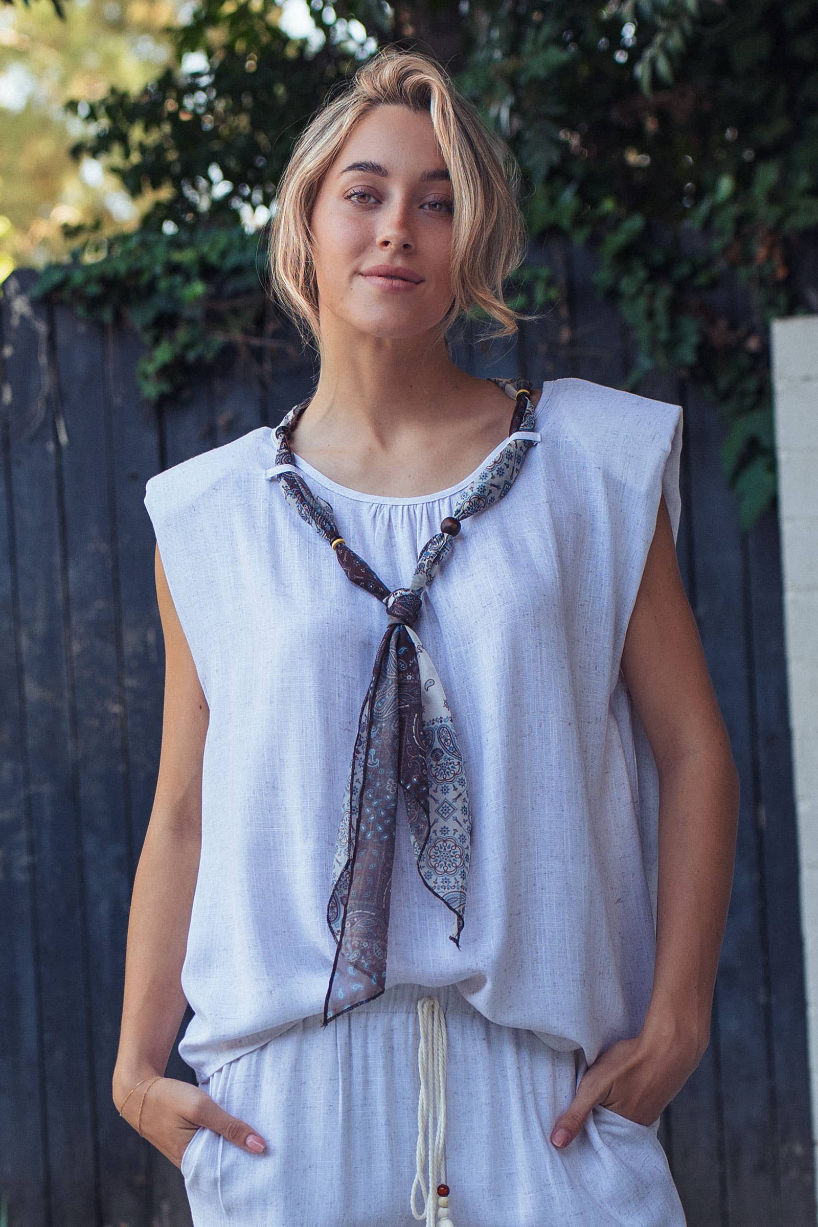 Paisley Scarf Tie Linen Blend Muscle Top