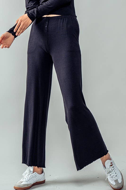 Urban Daizy Soft Ribbed Lettuce Hem Wide Leg Lounge Pants Black Pants - Women's (UDZ-PT-00262)