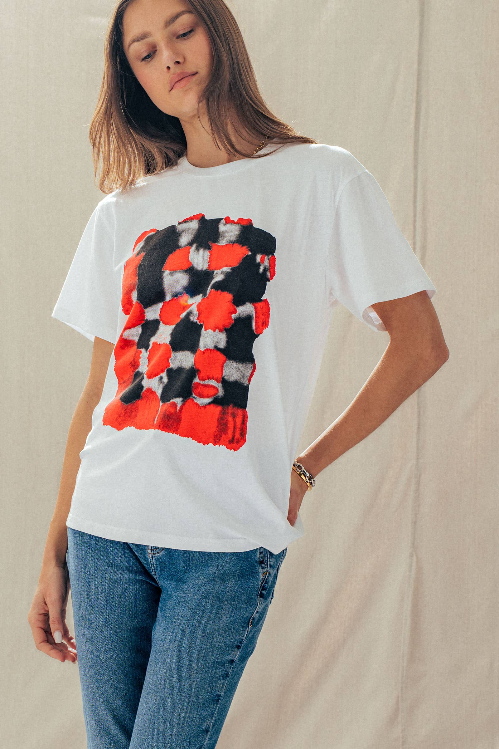 Urban Daizy Abstract Painted Graphic Rolled Sleeve Tee Blue Screen Printed T-Shirt - Women's (UDZ-TP-01002) – alternate view 3