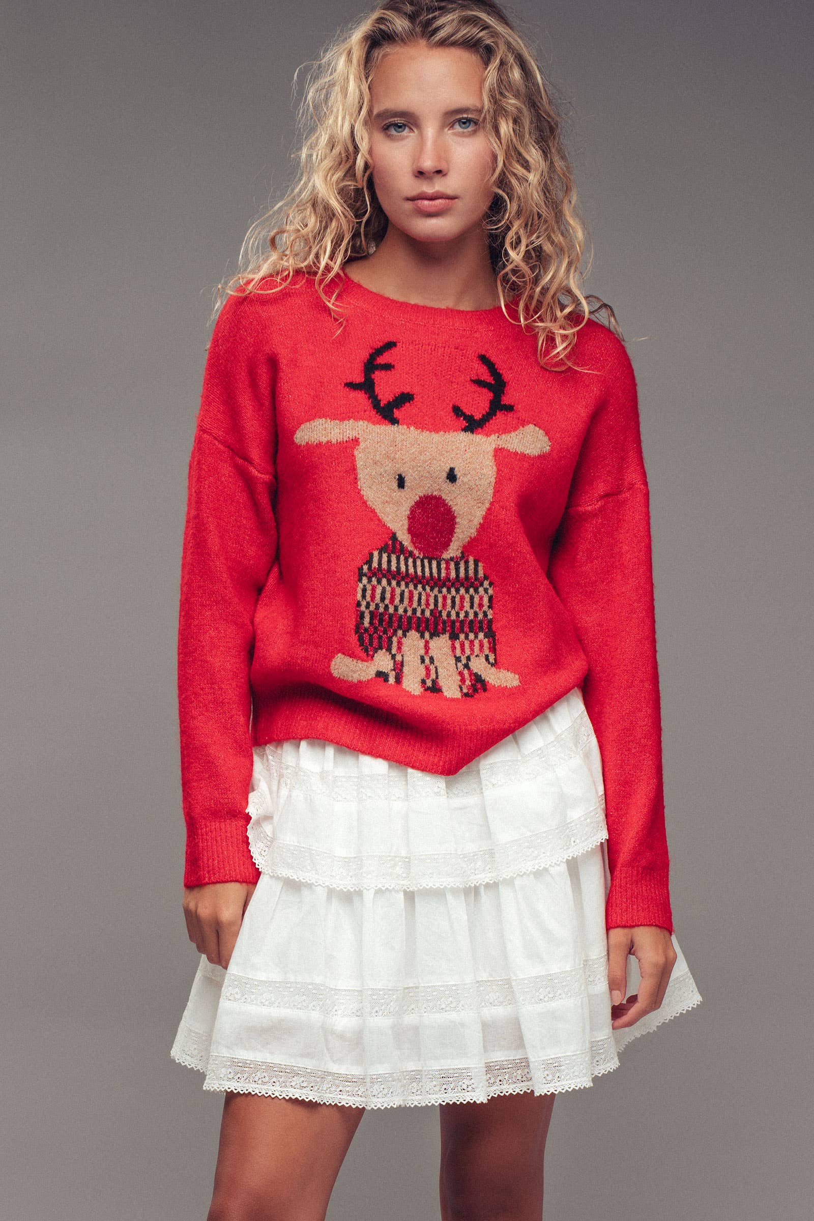 Urban Daizy Rudolph Reindeer Knit Crewneck Sweater Grey Knit Sweater - Women's (UDZ-KN-00538) – alternate view 16