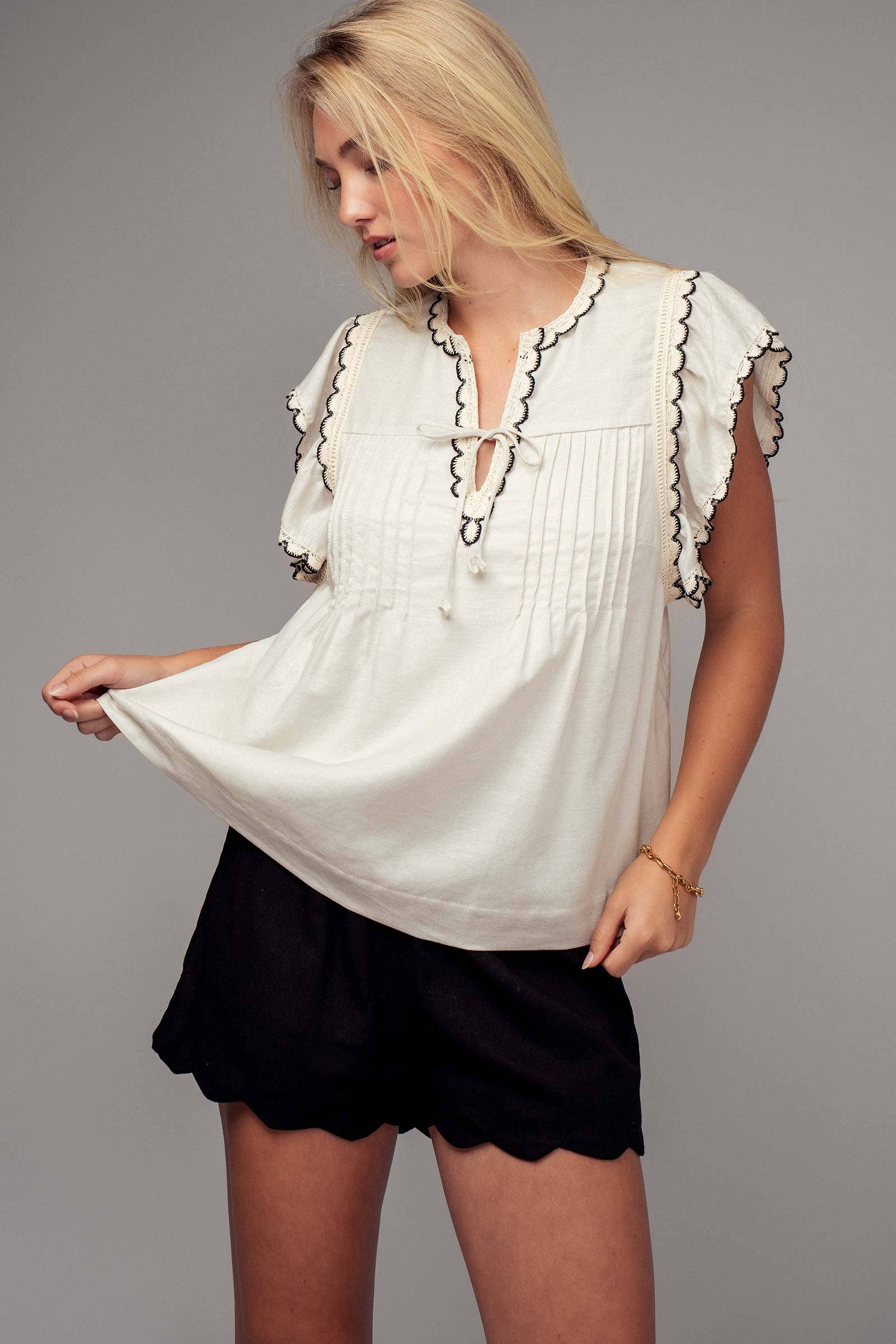 Urban Daizy Lace Trim Pintuck Flutter Sleeve Blouse Black Blouse - Women's (UDZ-TP-00810) – alternate view 11