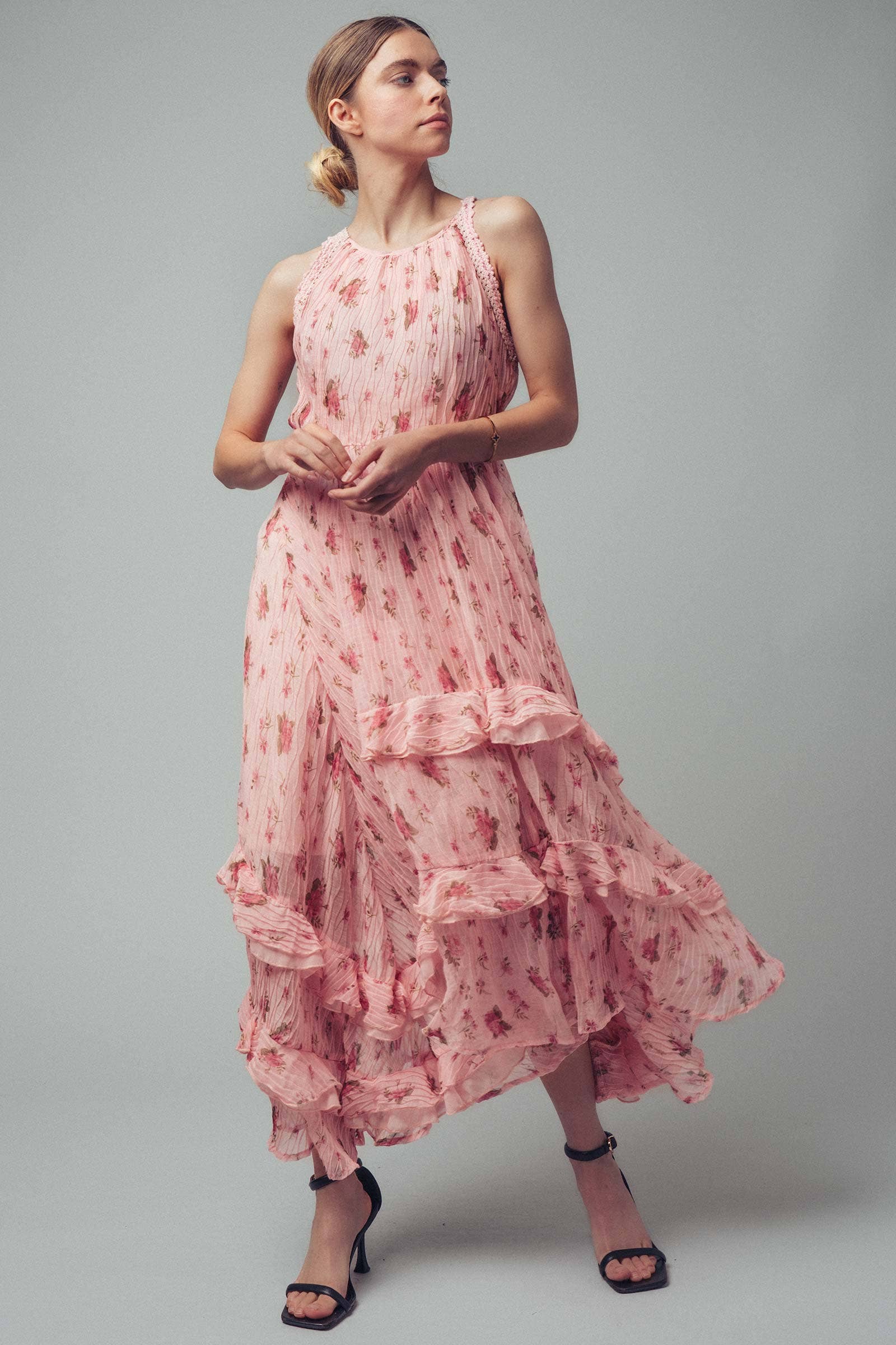 Floral Print Tiered Ruffle Crinkle Chiffon Dress
