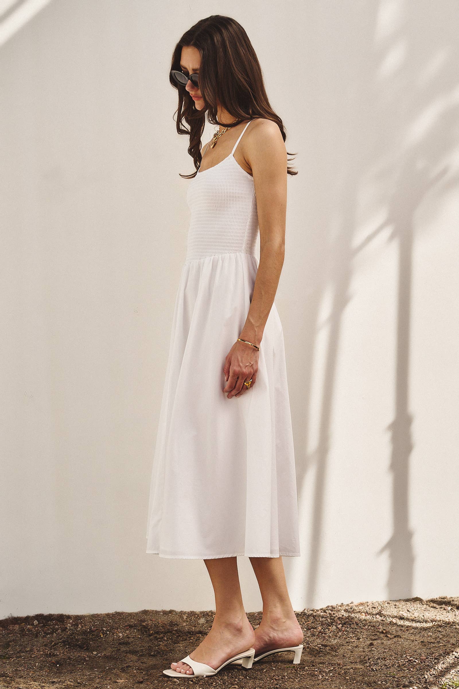 Urban Daizy Classic Smocked Bodice Cotton Midi Dress White Dress - Women's (TNDR1637-White) – alternate view 13