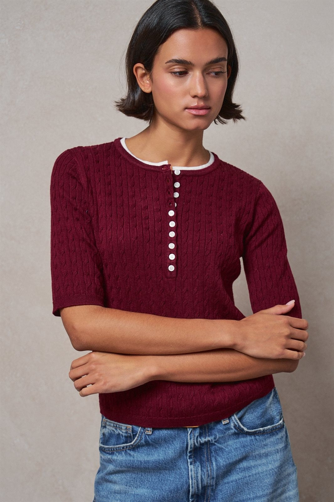 Wool Blend Cable Knit Henley with Contrast Neckline in BURGUNDY - Women's Sweaters | Urban Daizy
