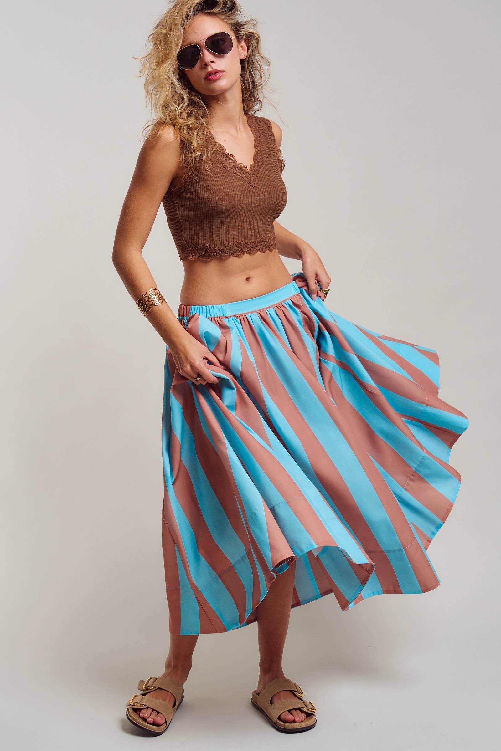 Urban Daizy Retro Chevron Stripe Elastic Waist Maxi Skirt Blue-Brown Skirt - Women's (UDSK0106-Blue-Brown) – alternate view 8