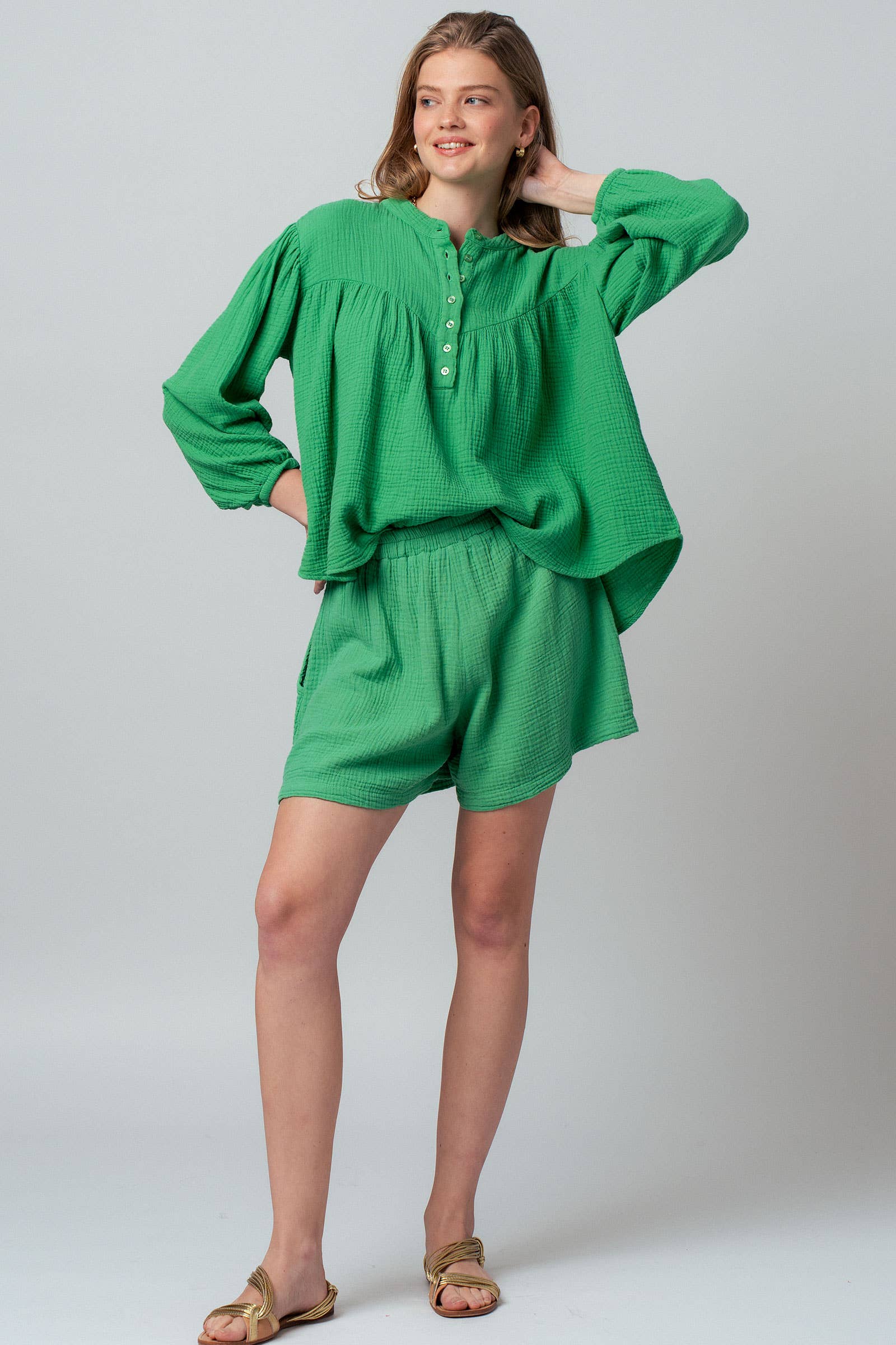 Garment Dyed Cotton Gauze Button Down Top And Shorts Set