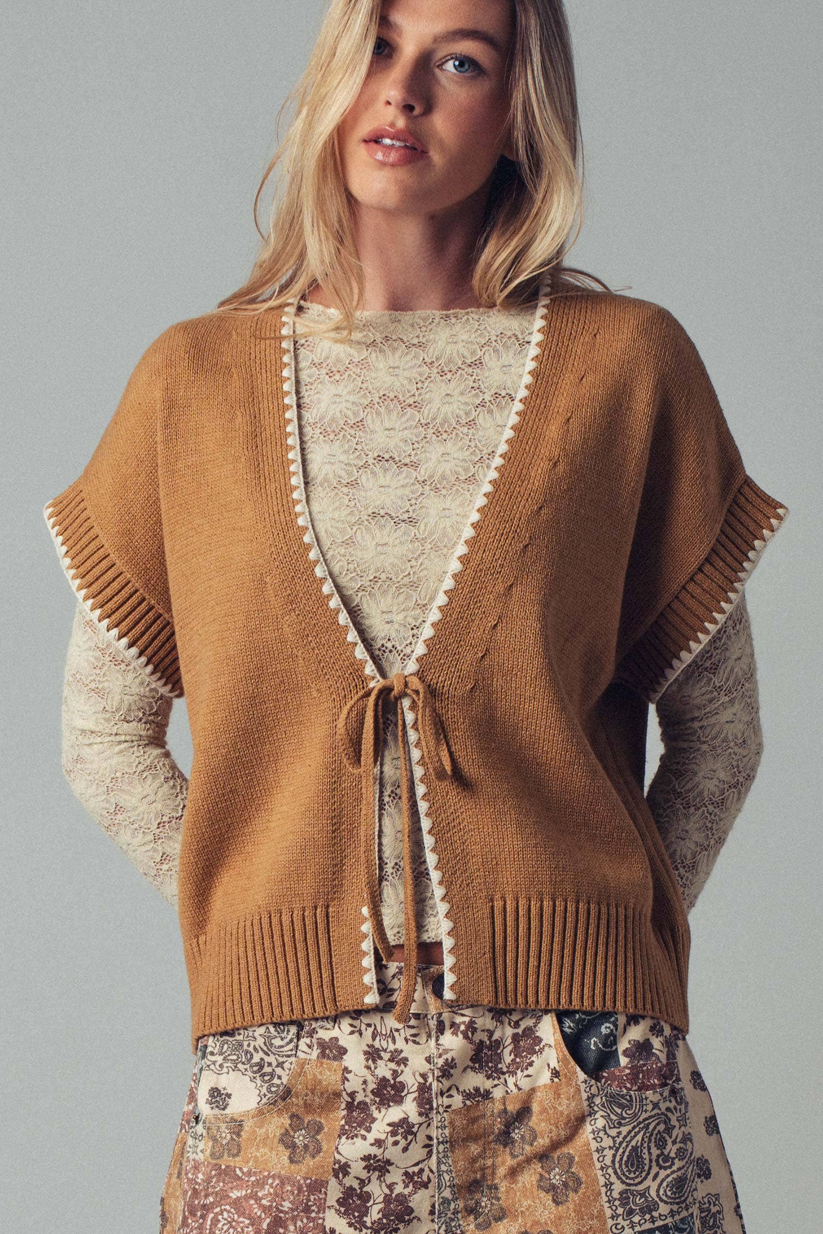Crochet Trim Tie Front Knit Vest