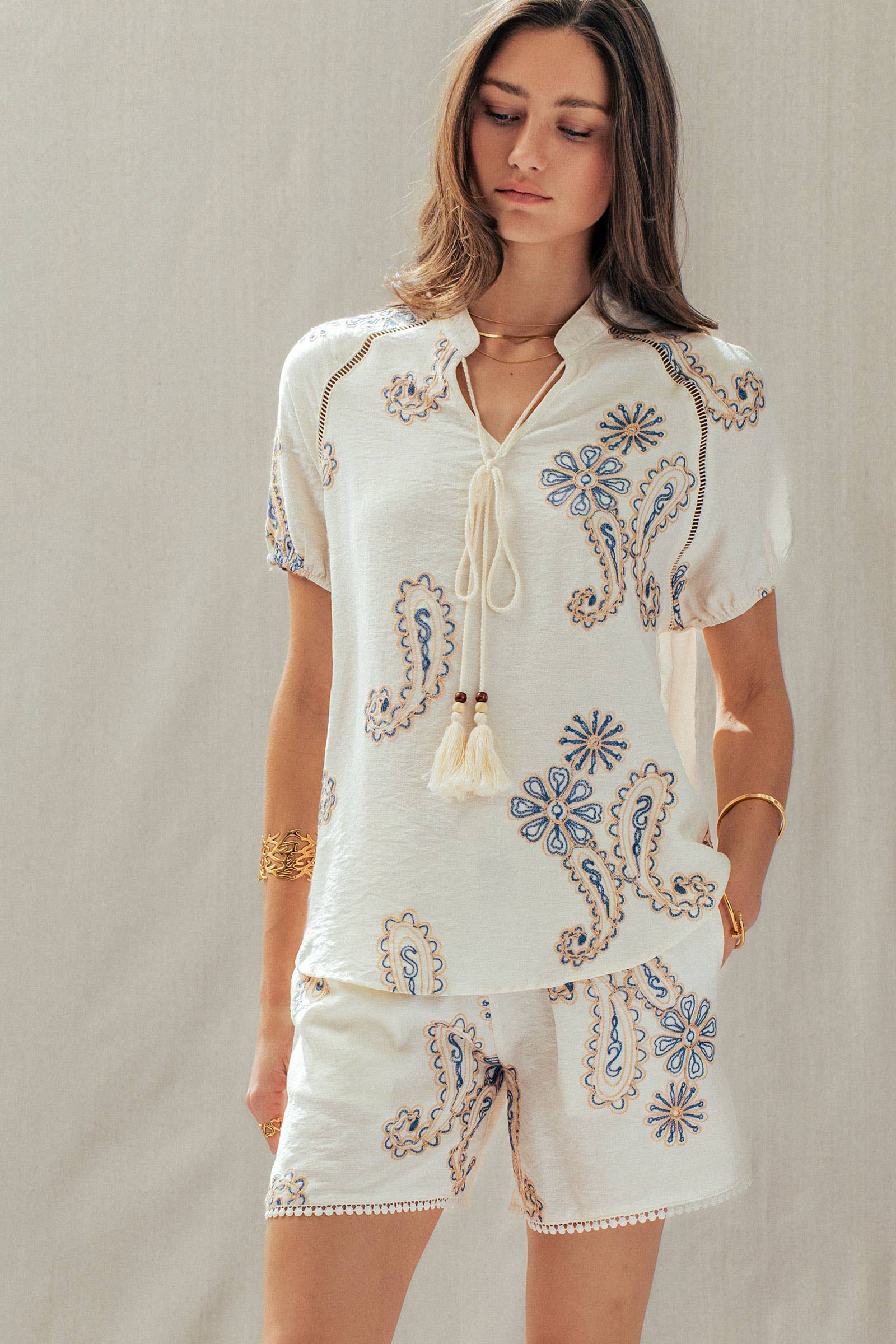Paisley Embroidered Linen Blend Tassel Top