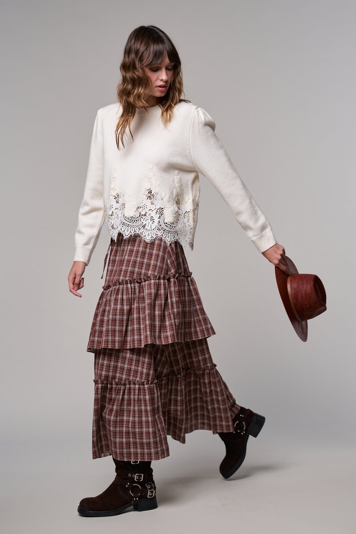 Lace Trim Knit Sweater with Floral Hem Detail in IVORY - Women's Sweaters | Urban Daizy