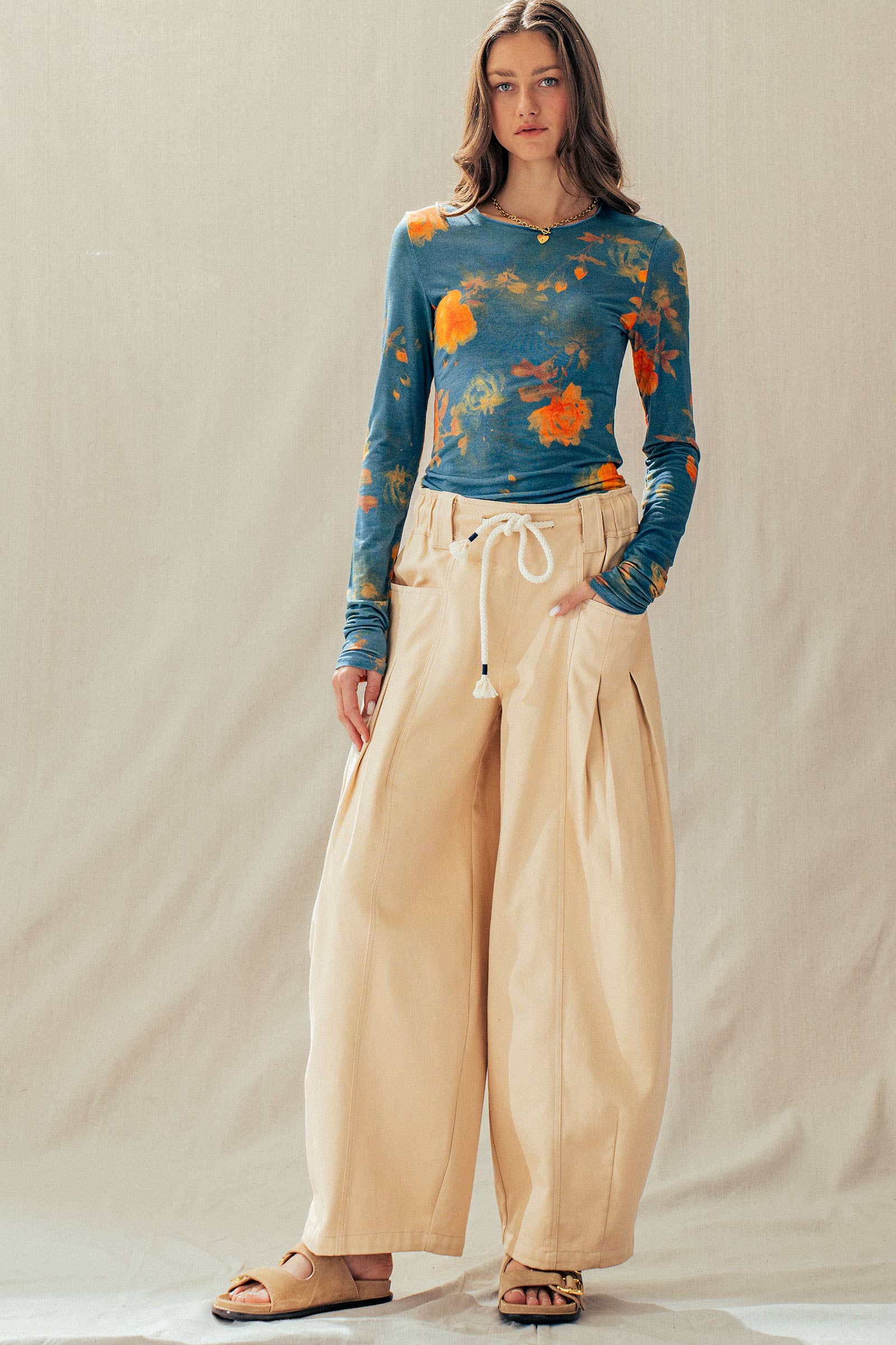 Vintage Floral Long Sleeve Top Tencel Wool Blend