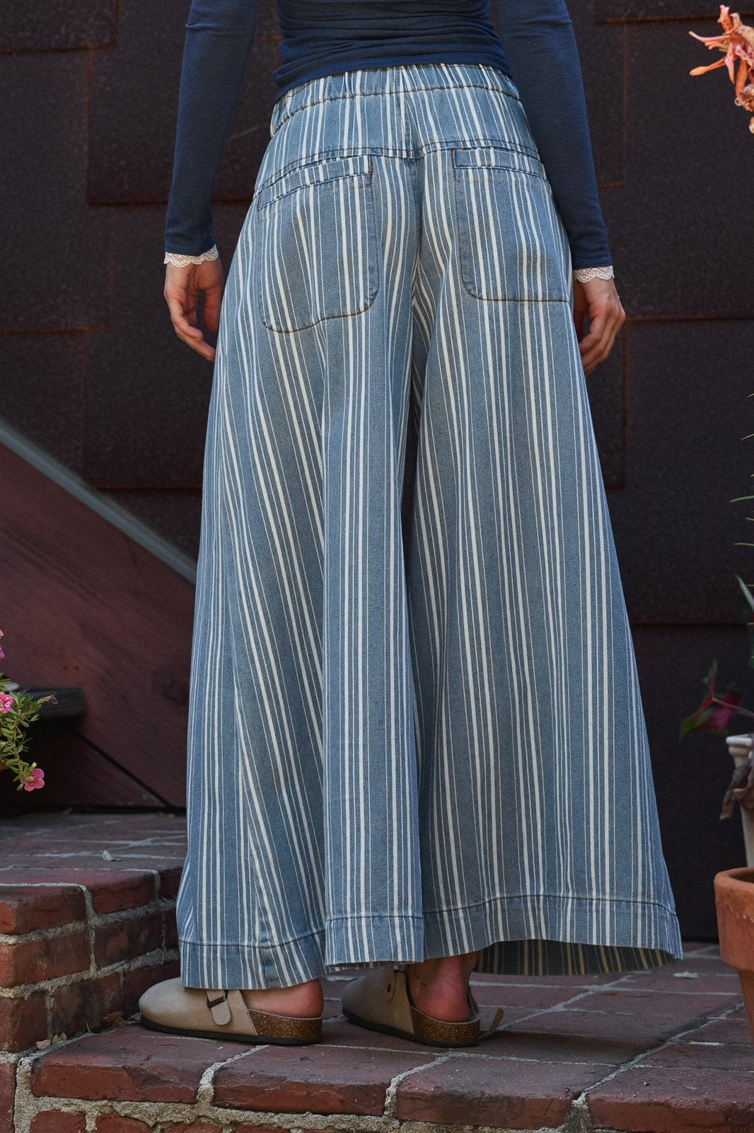 Striped Denim Wide Leg Palazzo Pants Vintage Wash Boho Coast in LT DENIM - Women's Casual Pants | Urban Daizy