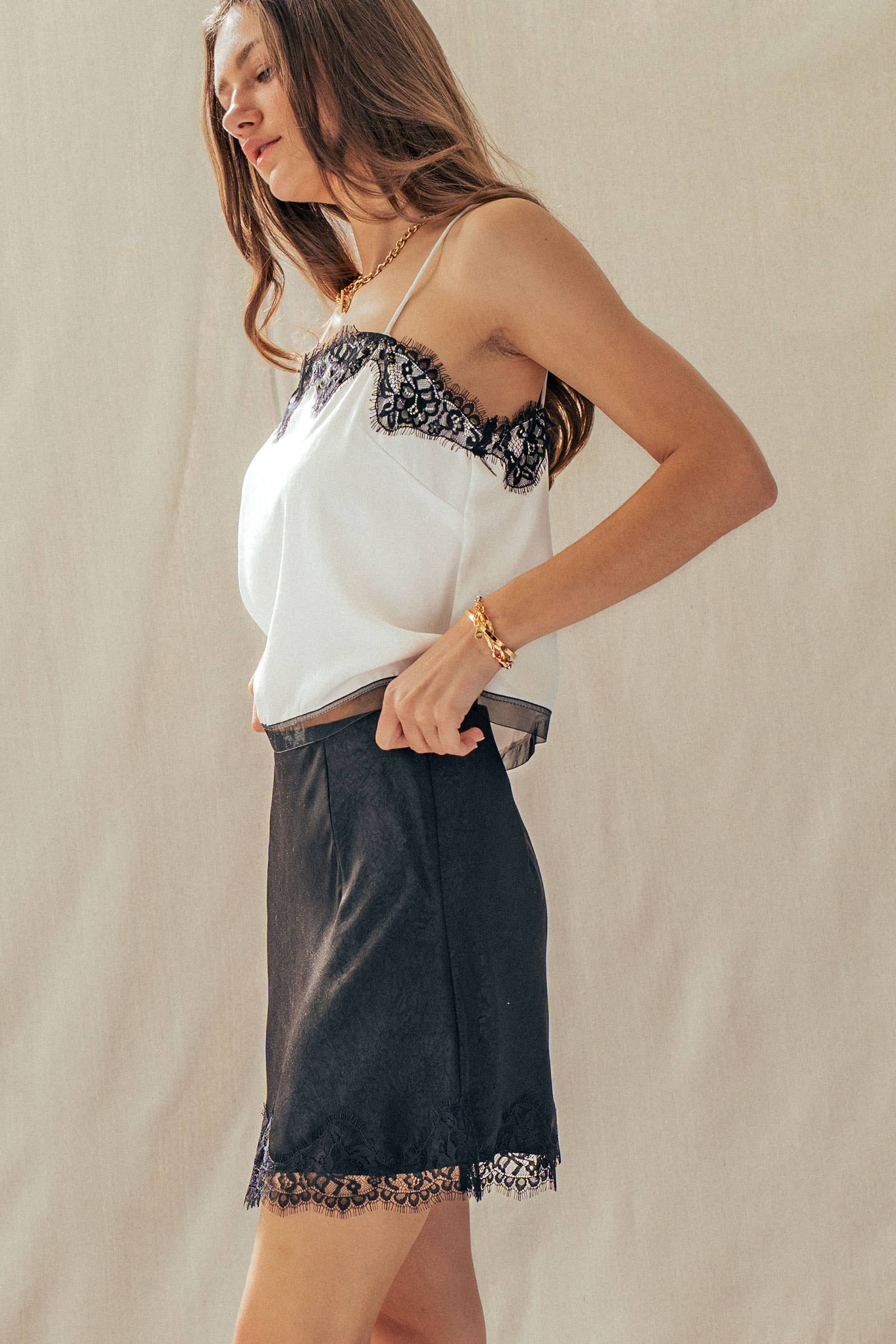 Scalloped Lace Trim Satin Camisole Top