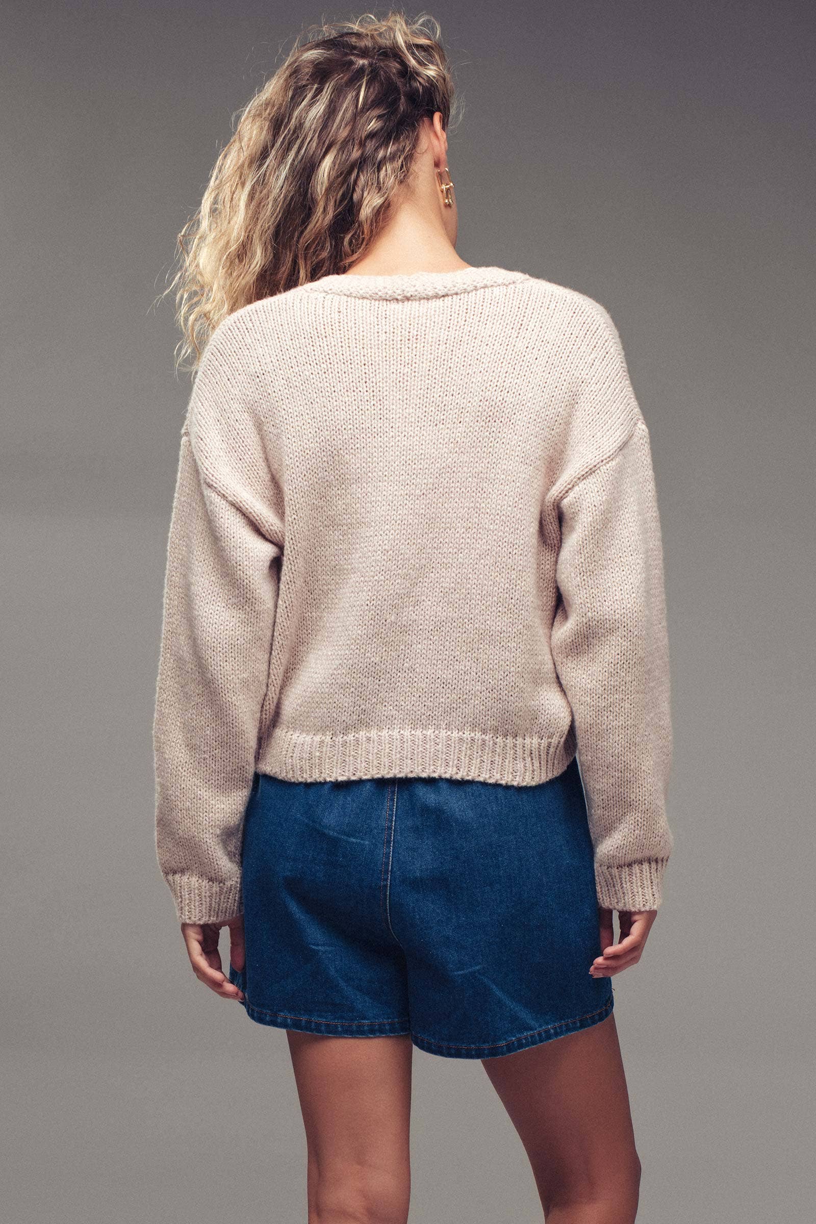 Urban Daizy Crochet Patch Cardigan–Nautical Motifs, Relaxed Cropped Fit Taupe Cardigan - Women's (UDZ-KN-00656) – alternate view 2