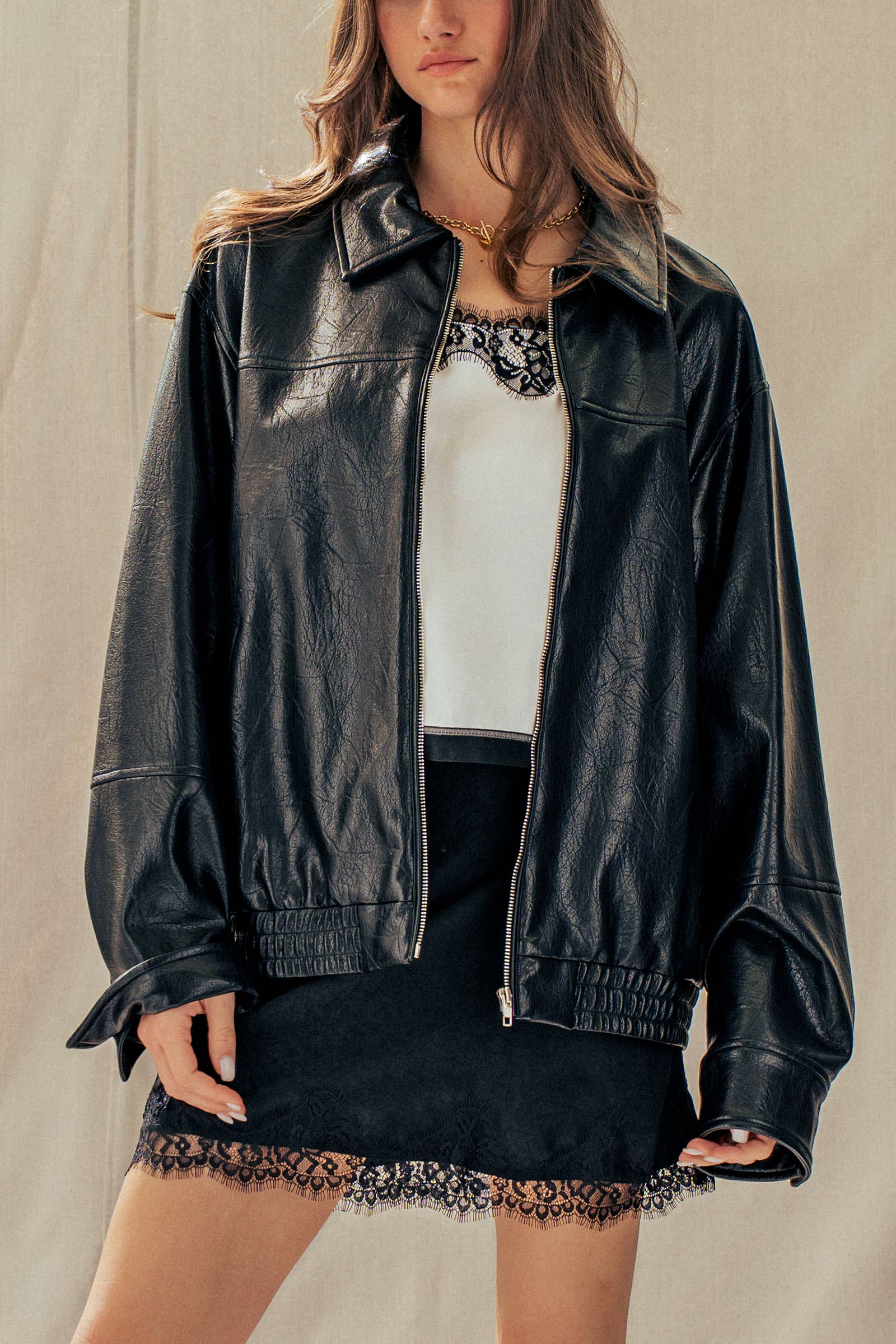 Relaxed Faux Leather Zip-Up Statement Jacket
