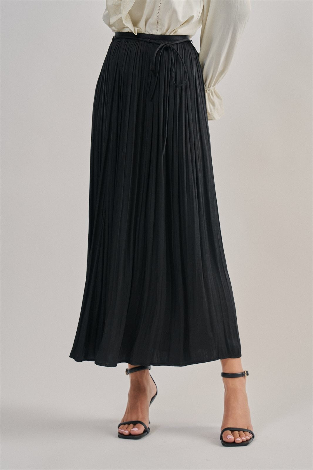 Washed Satin Crinkle Pleated Maxi Skirt in BLACK - Women's Maxi Skirts | Urban Daizy