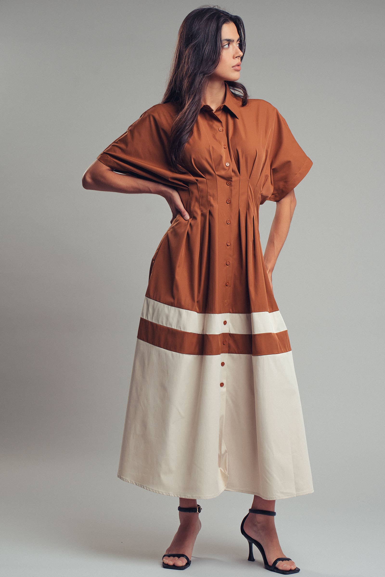 Colorblock Button-Up Cotton Midi Dress