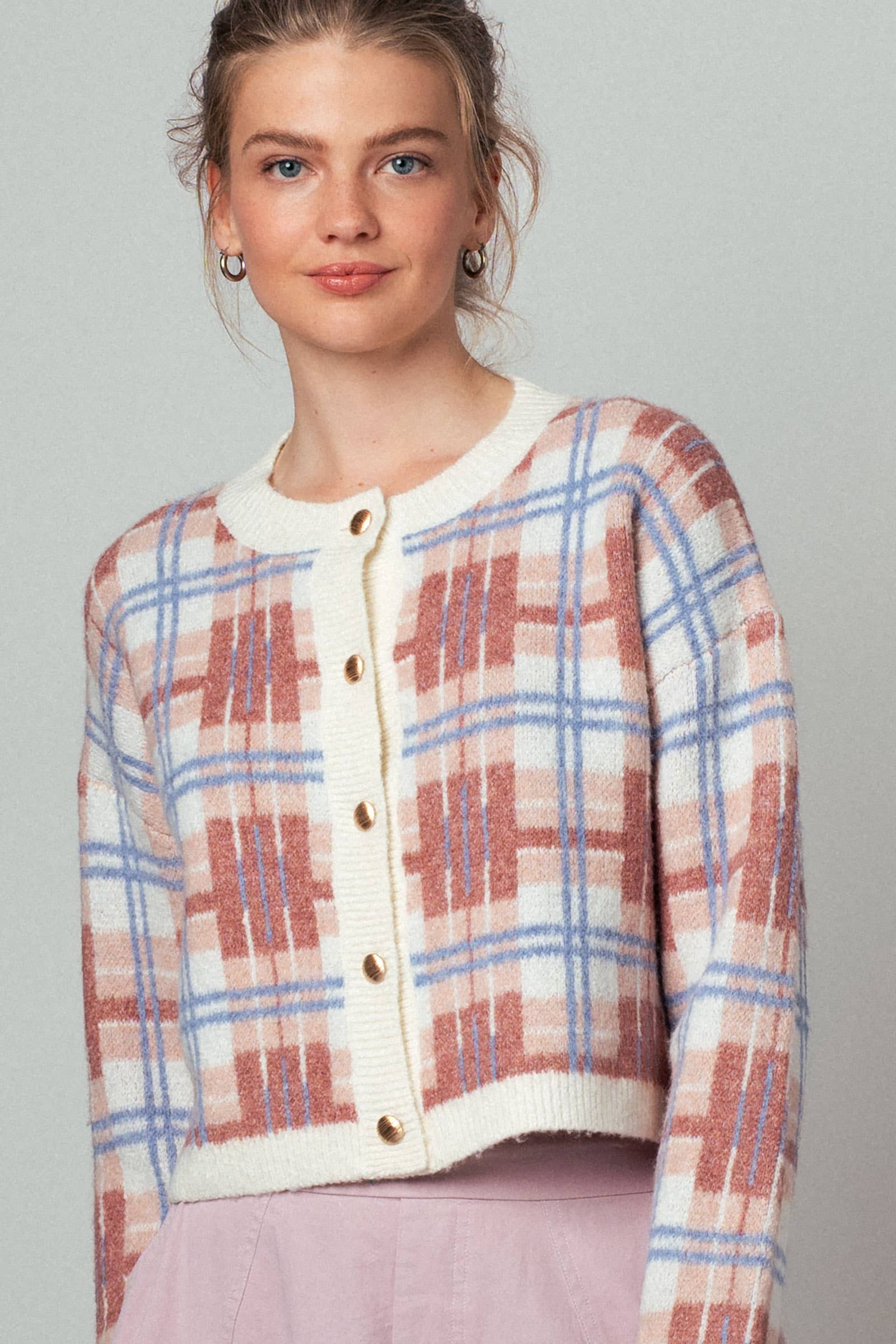 Urban Daizy Cropped Plaid Jacquard Button-Front Cardigan Ivory Cardigan - Women's (UDZ-DR-00392)