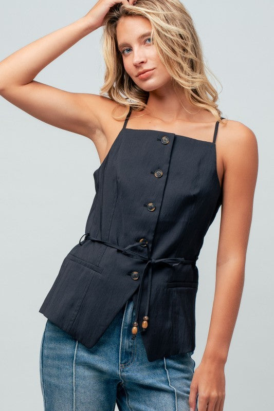 Buttoned Tie-Waist Cami Top in BLACK - Women's Tops | Urban Daizy