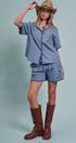 Sweet Cowgirl Boot Stitch Embroidered Shirt in BLUE - Women's Shirts & Blouses | Urban Daizy