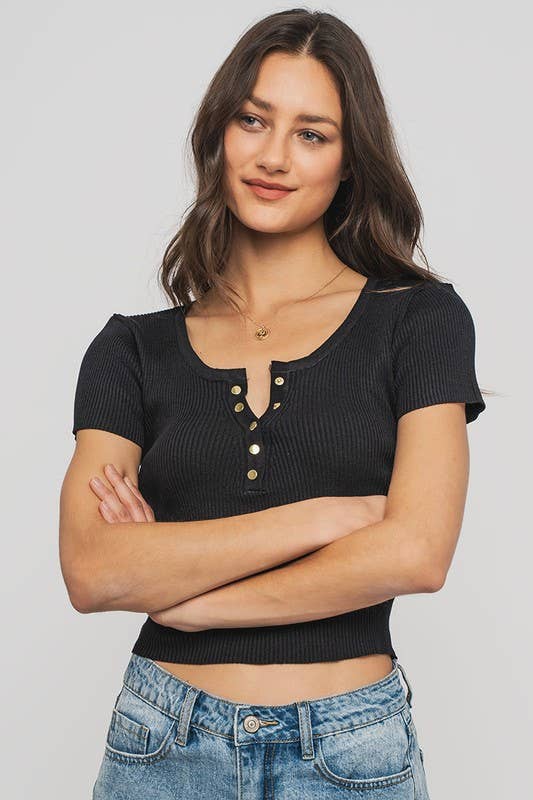 Urban Daizy Ribbed Scoop Neck Henley Cropped Summer Top Blue Knit Top - Women's (UDZ-TP-00758) – alternate view 4