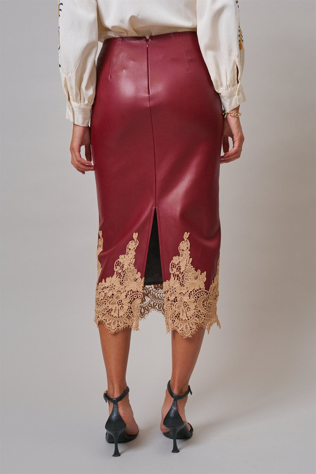 Faux Leather Lace Trim Midi Pencil Skirt in BURGUNDY - Women's Midi Skirts | Urban Daizy
