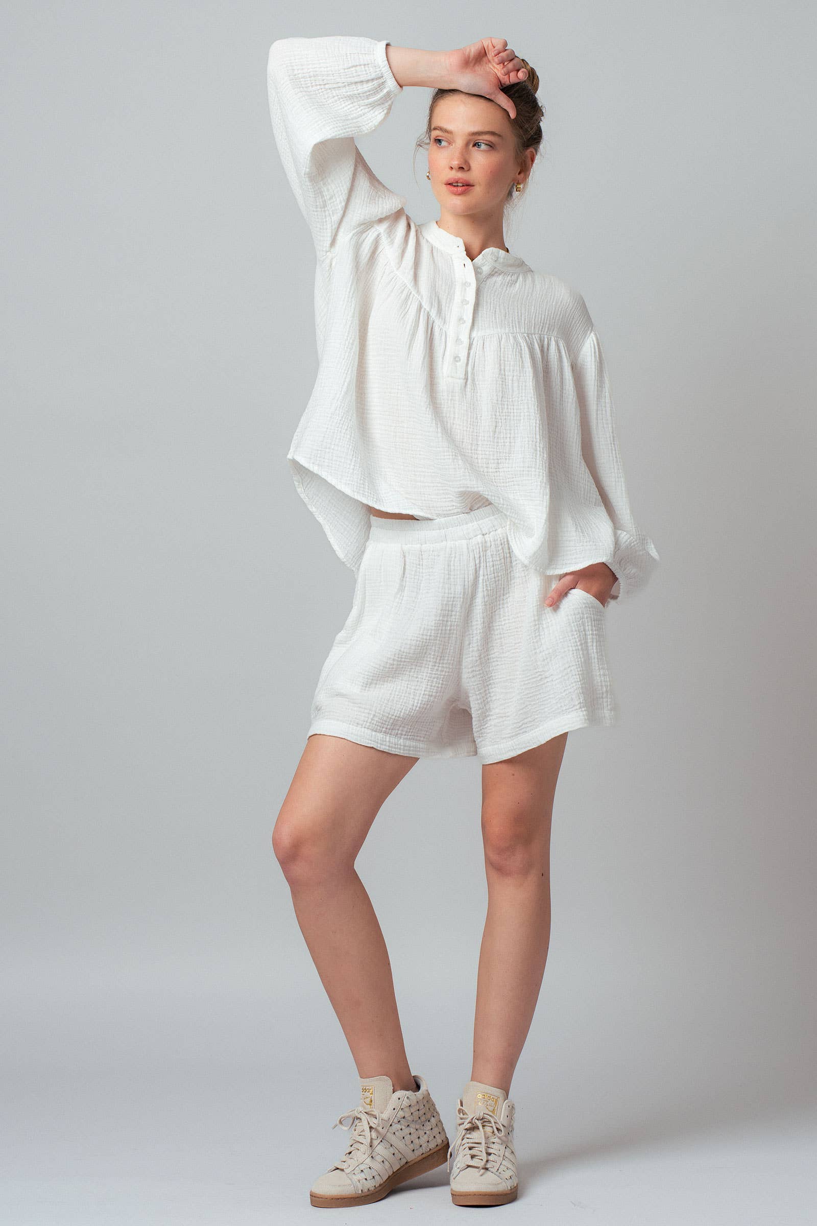 Garment Dyed Cotton Gauze Button Down Top And Shorts Set