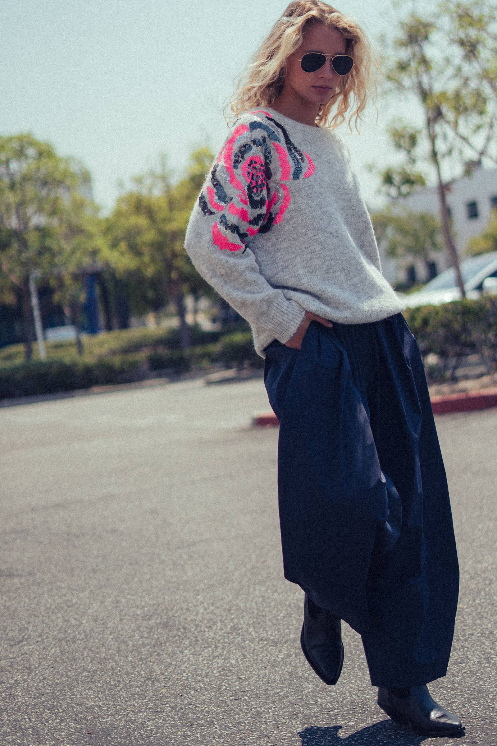 Sequin Floral Fuzzy Knit Sweater