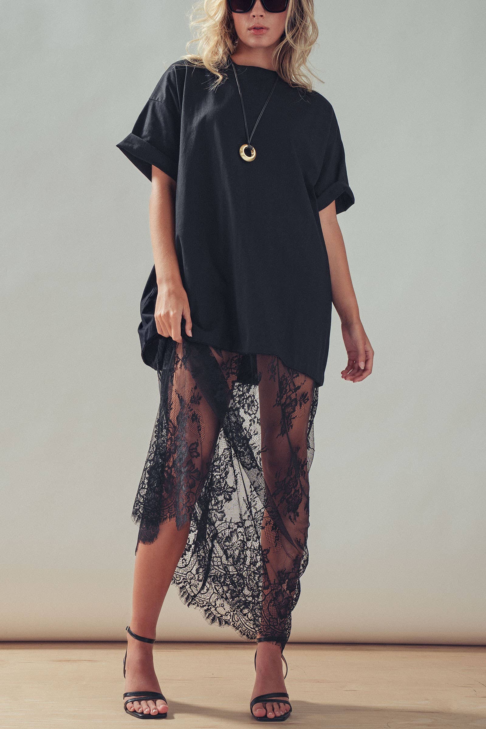 Mixed-Media T-Shirt Dress with Sheer Lace Skirt