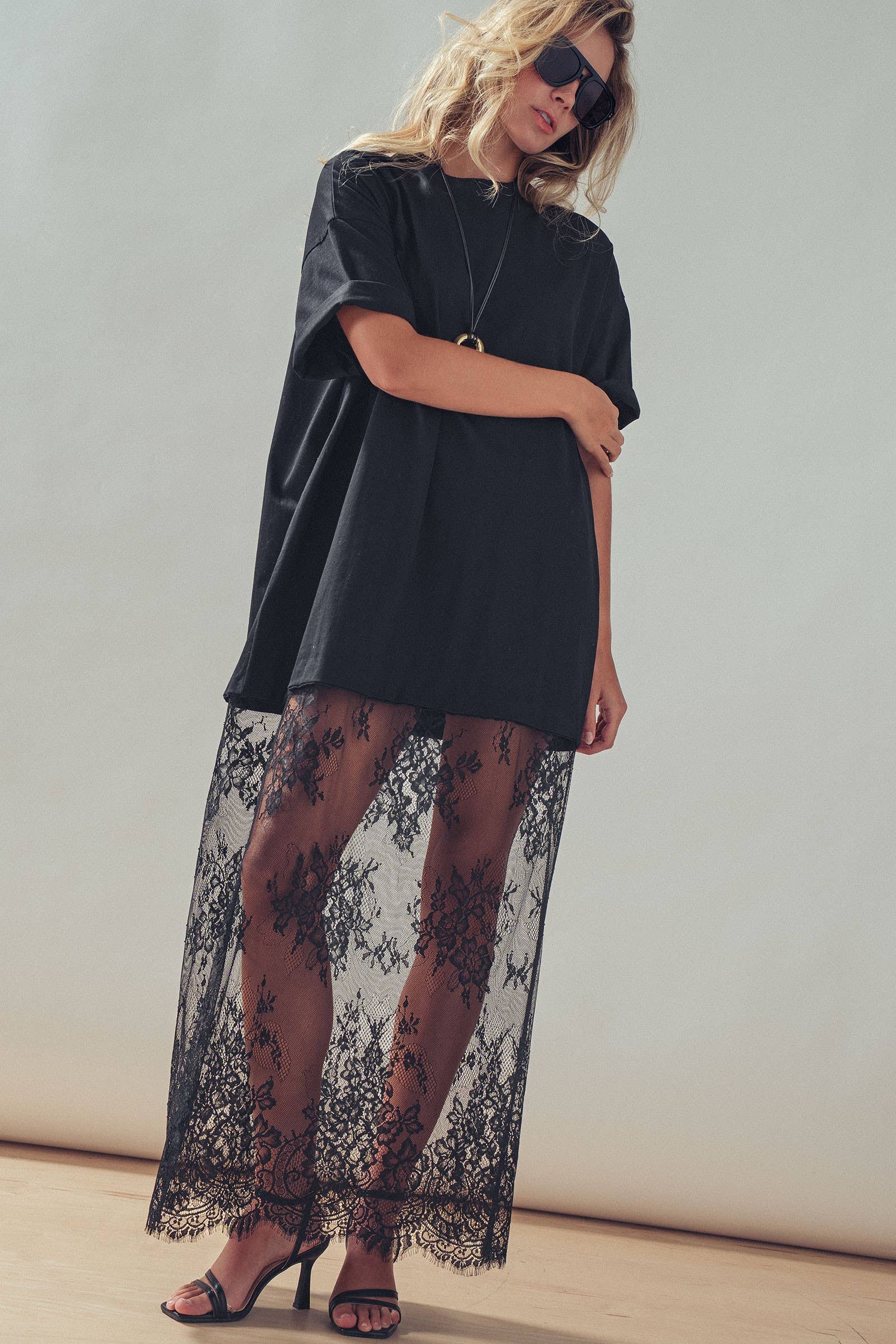 Mixed-Media T-Shirt Dress with Sheer Lace Skirt