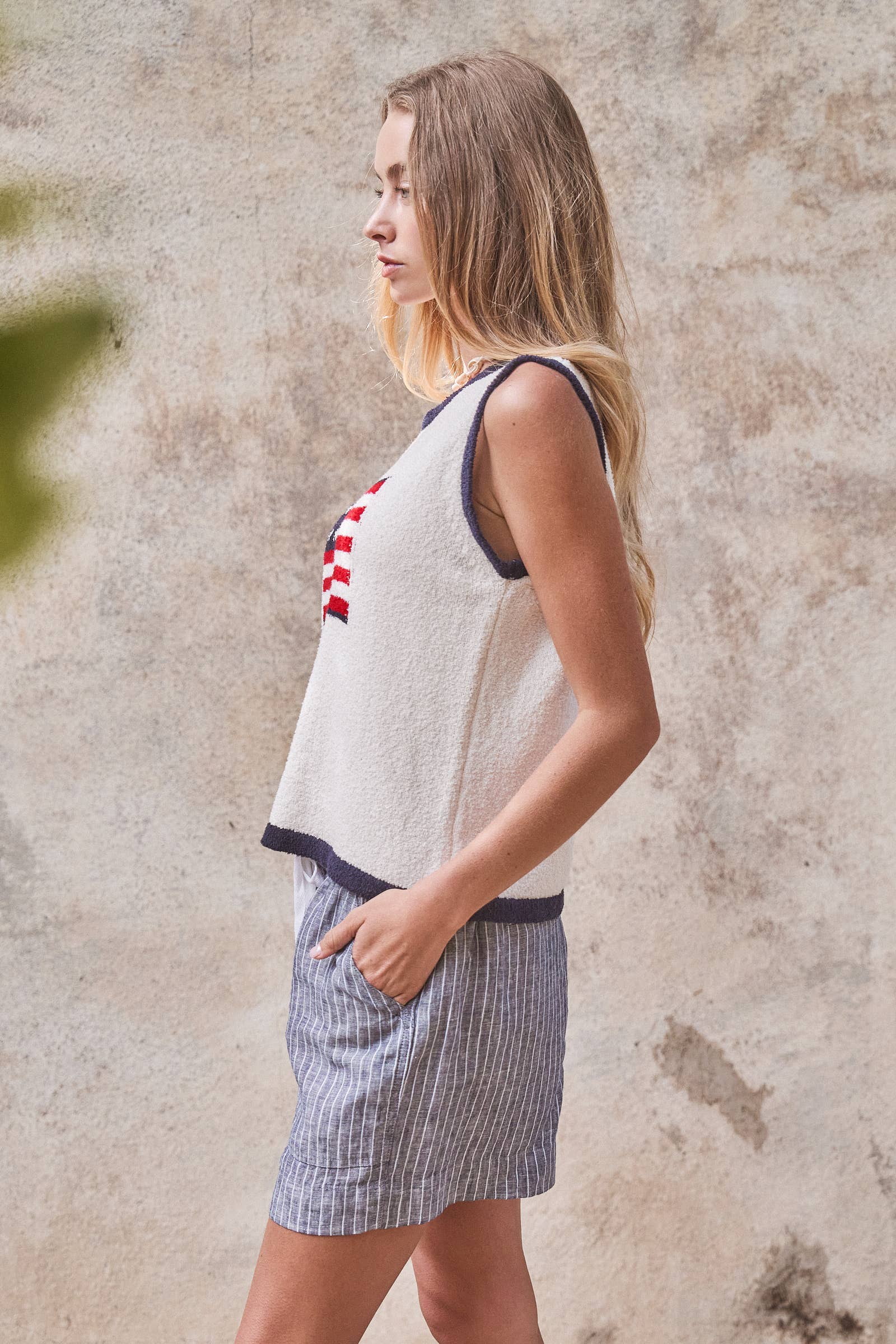 Urban Daizy Americana Flag Contrast Trim Knit Tank White Tank Top - Women's (UDTP1455-White) – alternate view