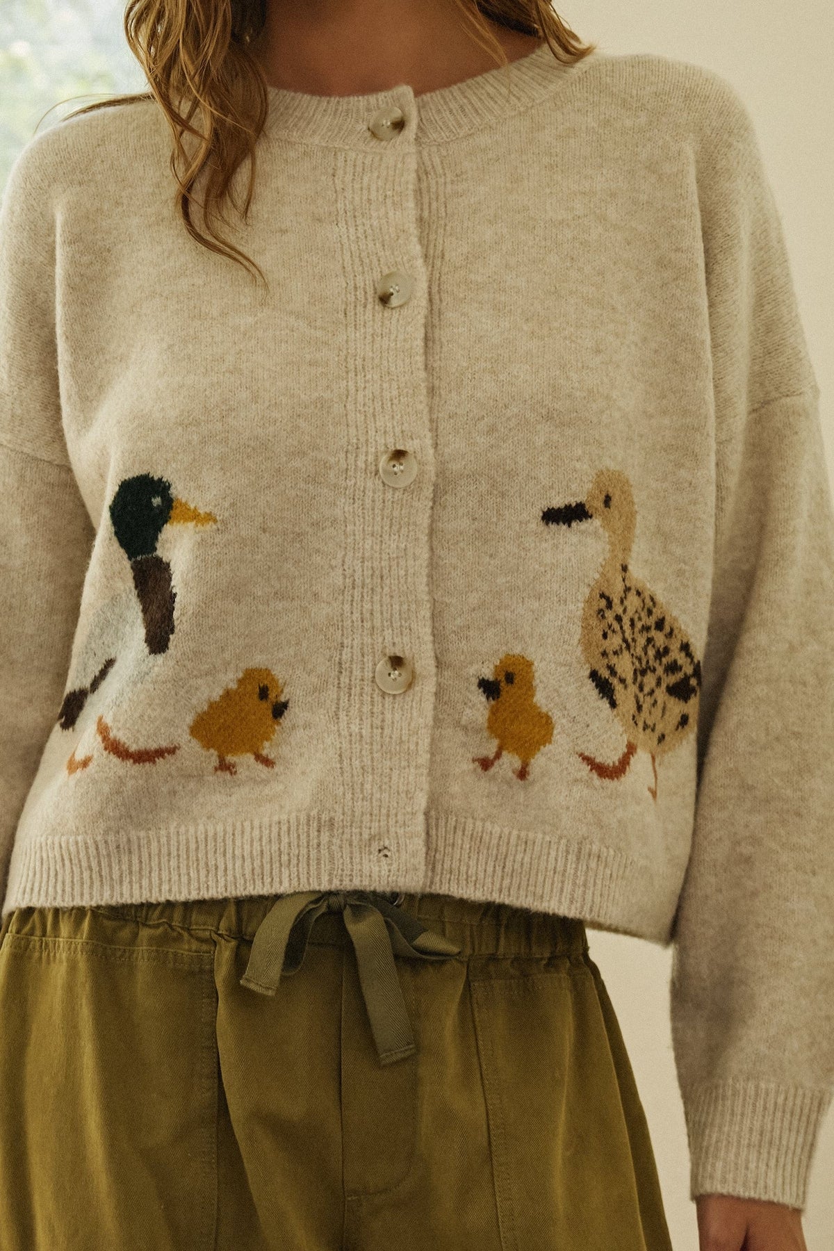 Duckling Parade Intarsia Cardigan in OATMEAL - Women's Cardigans & Shrugs | Urban Daizy