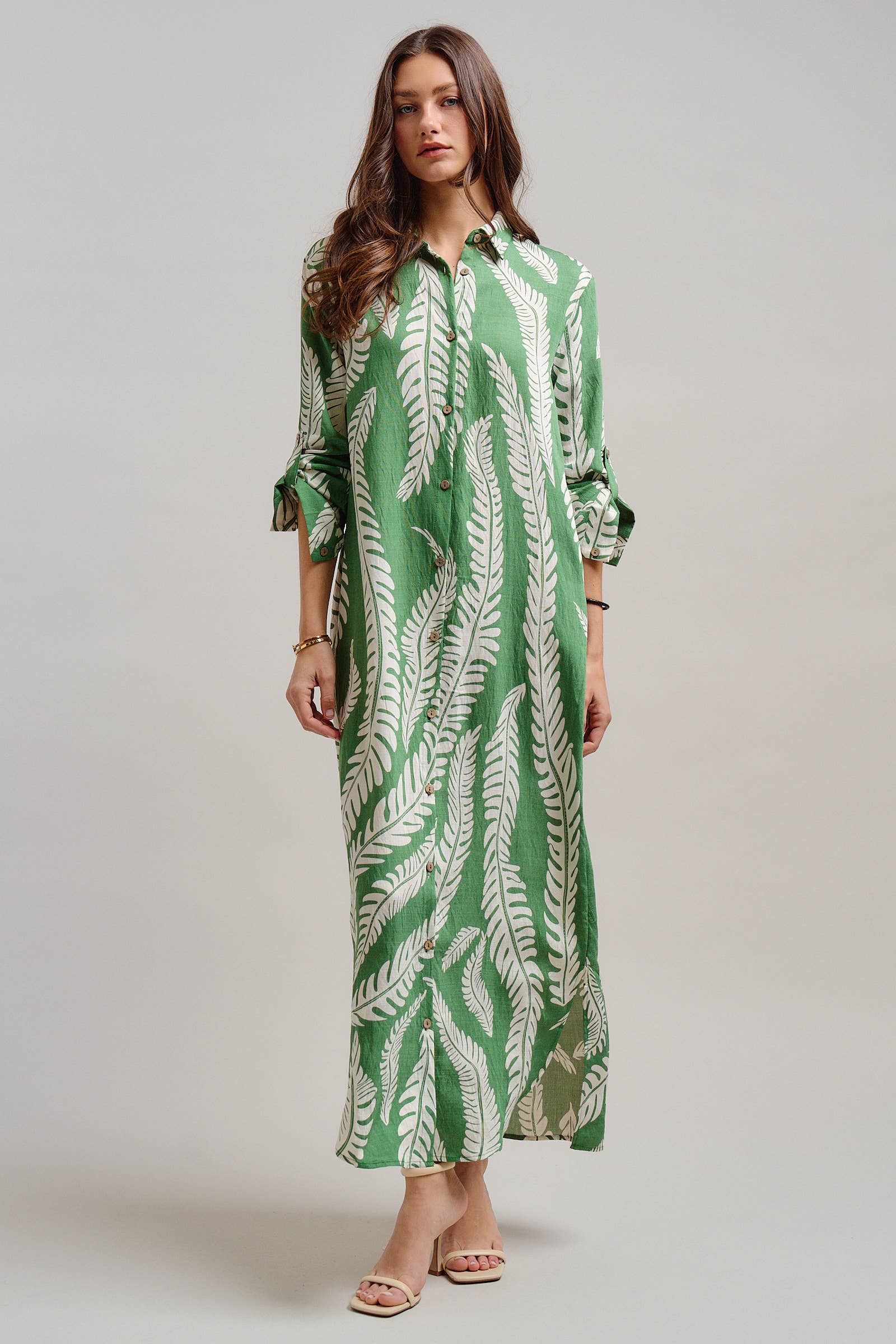 Urban Daizy Botanical Fern Maxi Shirt Dress Green Dress - Women's (TNDR1641-Green) – alternate view 2