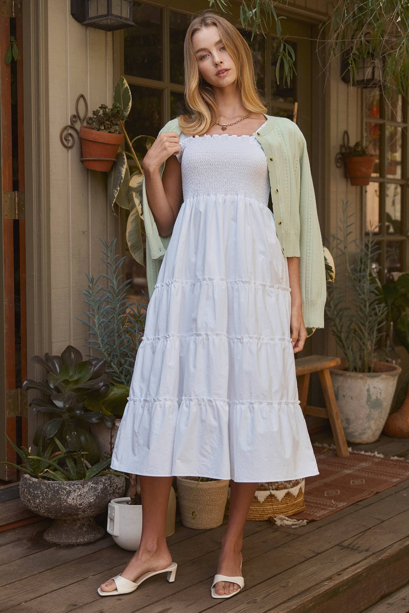 Cotton Smocked Tiered Midi Dress