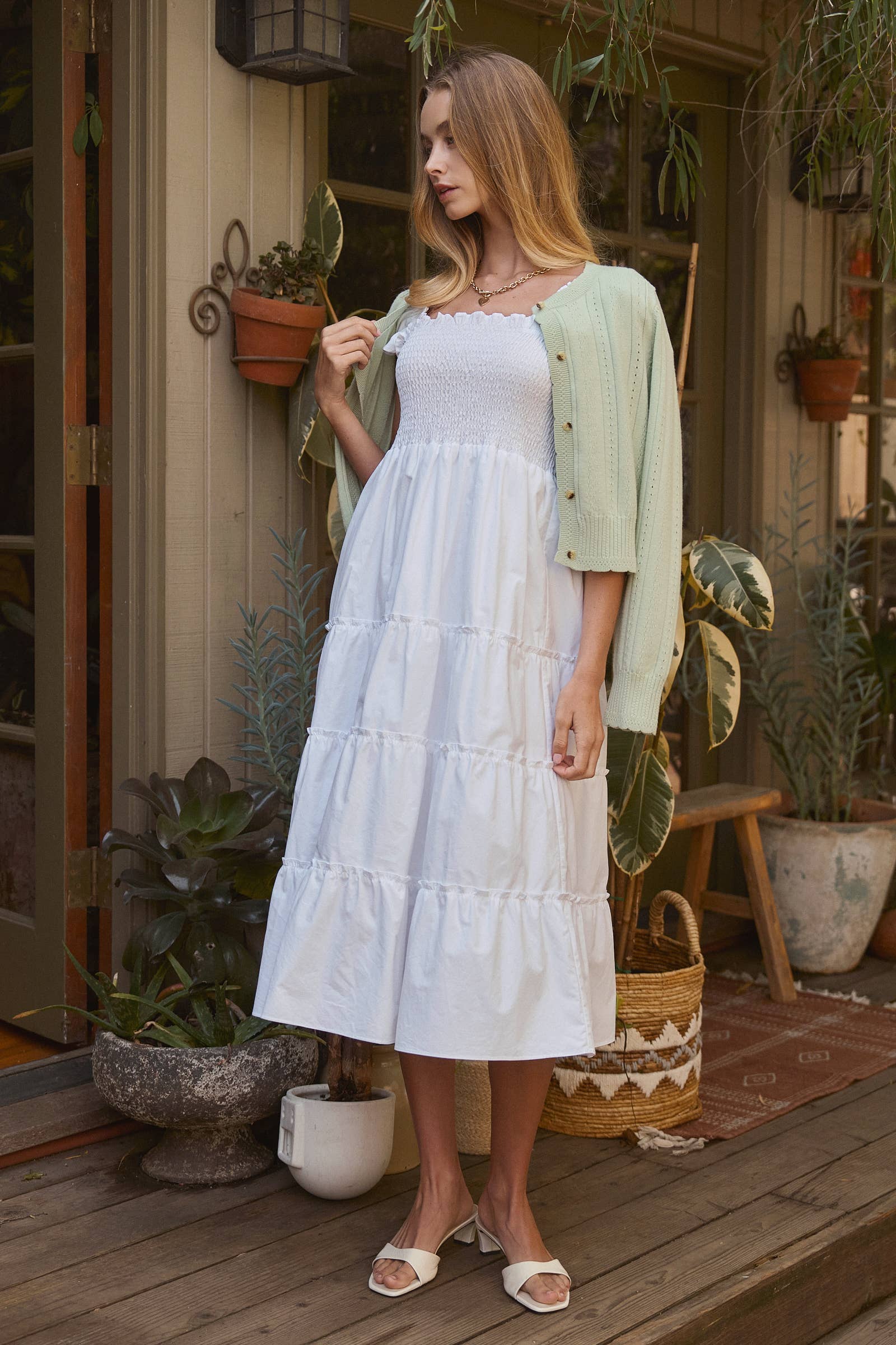 Cotton Smocked Tiered Midi Dress
