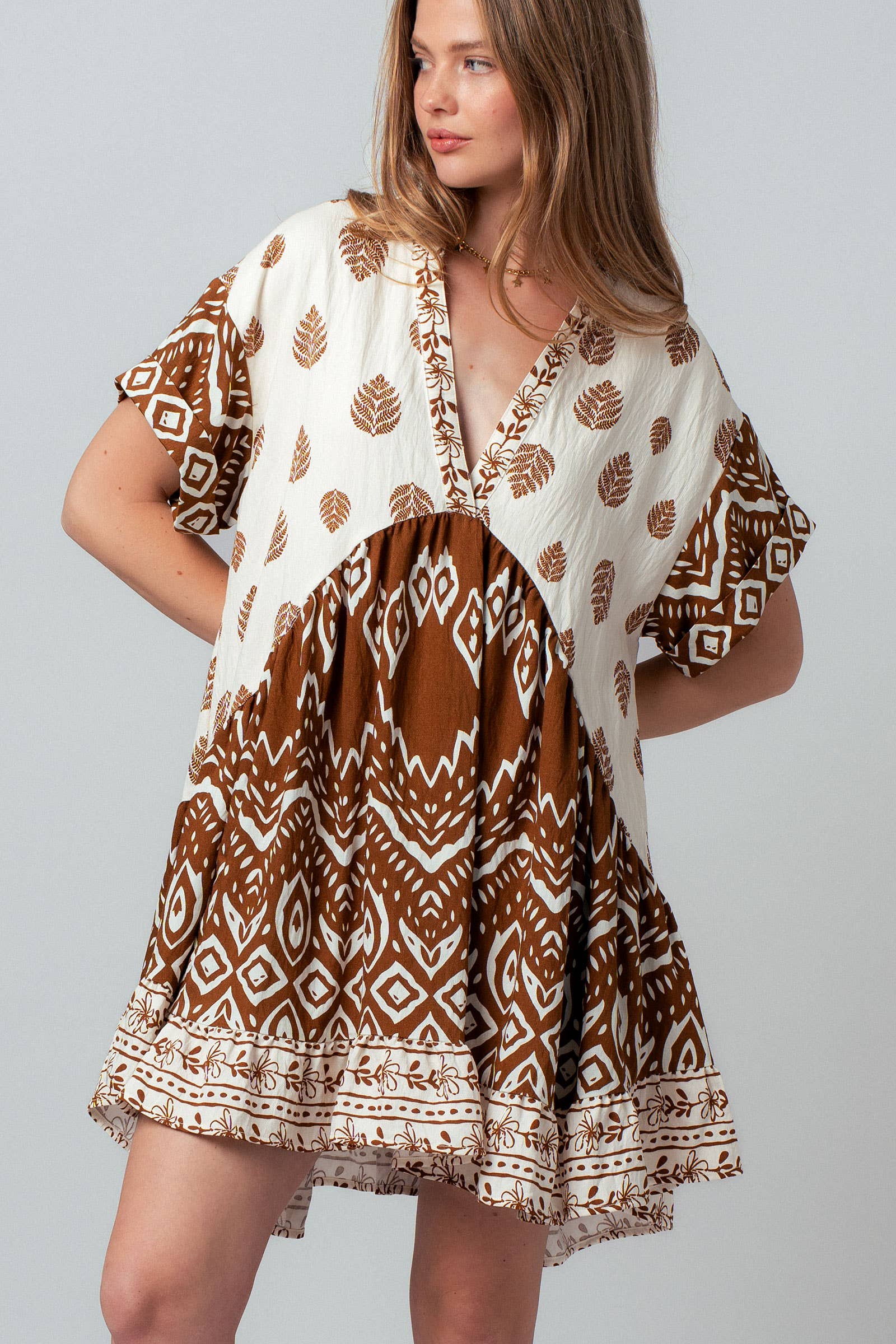 Urban Daizy Mixed-Print V-Neck Tiered Boho Mini Dress Ivory-Brown Dress - Women's (UDZ-DR-00476) – alternate view 8