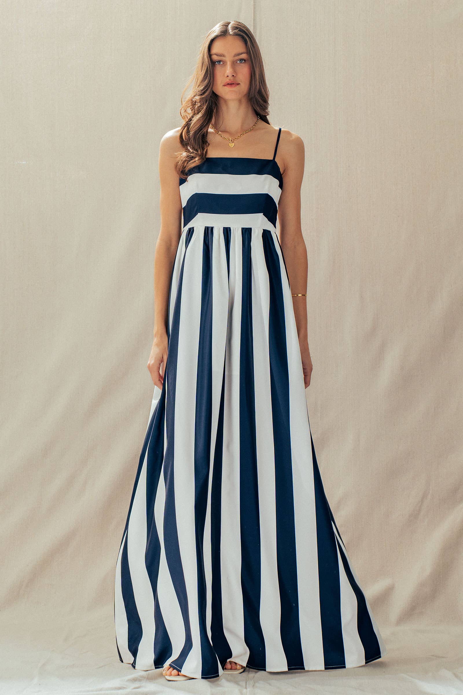 Urban Daizy Vertical Stripe Smocked Back Maxi Dress Ivory-Navy Dress - Women's (UDZ-DR-00526) – alternate view 2