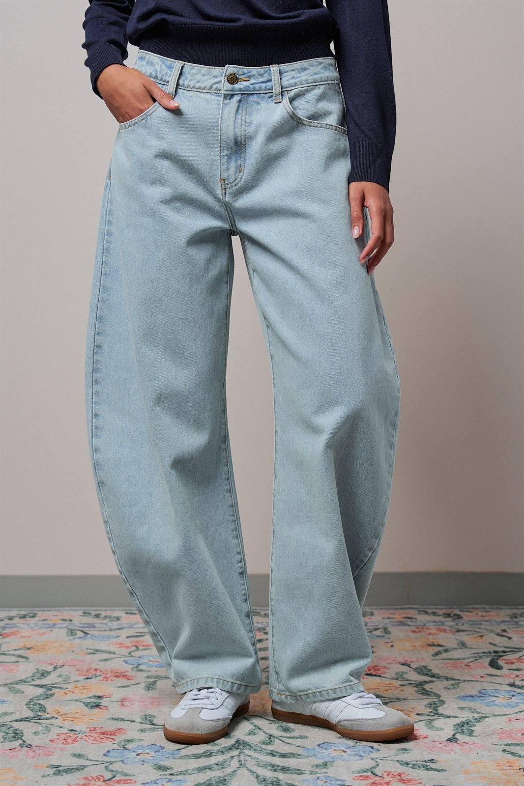 Light Wash Curved Barrel Leg Wide Jeans in LT BLUE - Women's Casual Pants | Urban Daizy