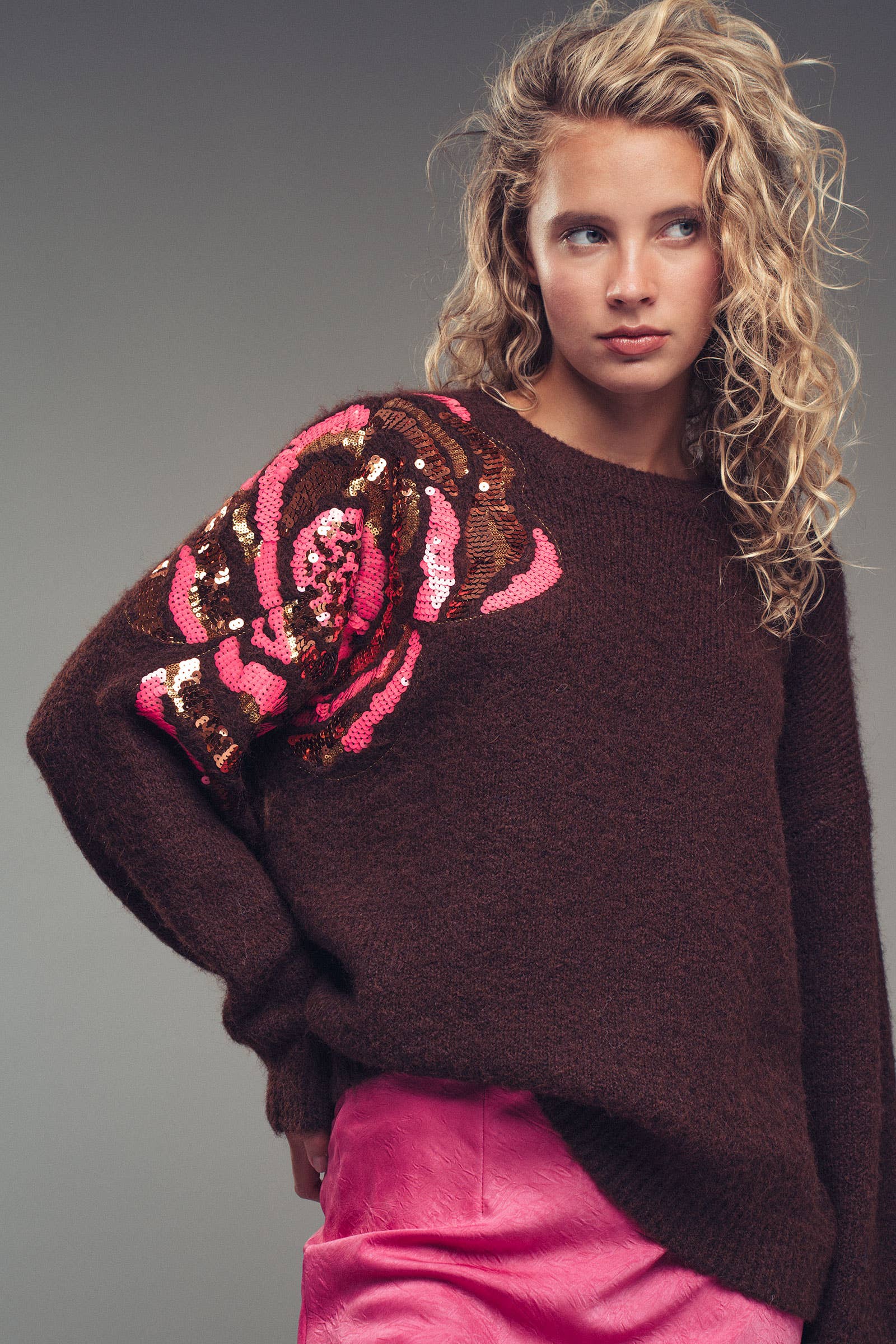 Sequin Floral Fuzzy Knit Sweater