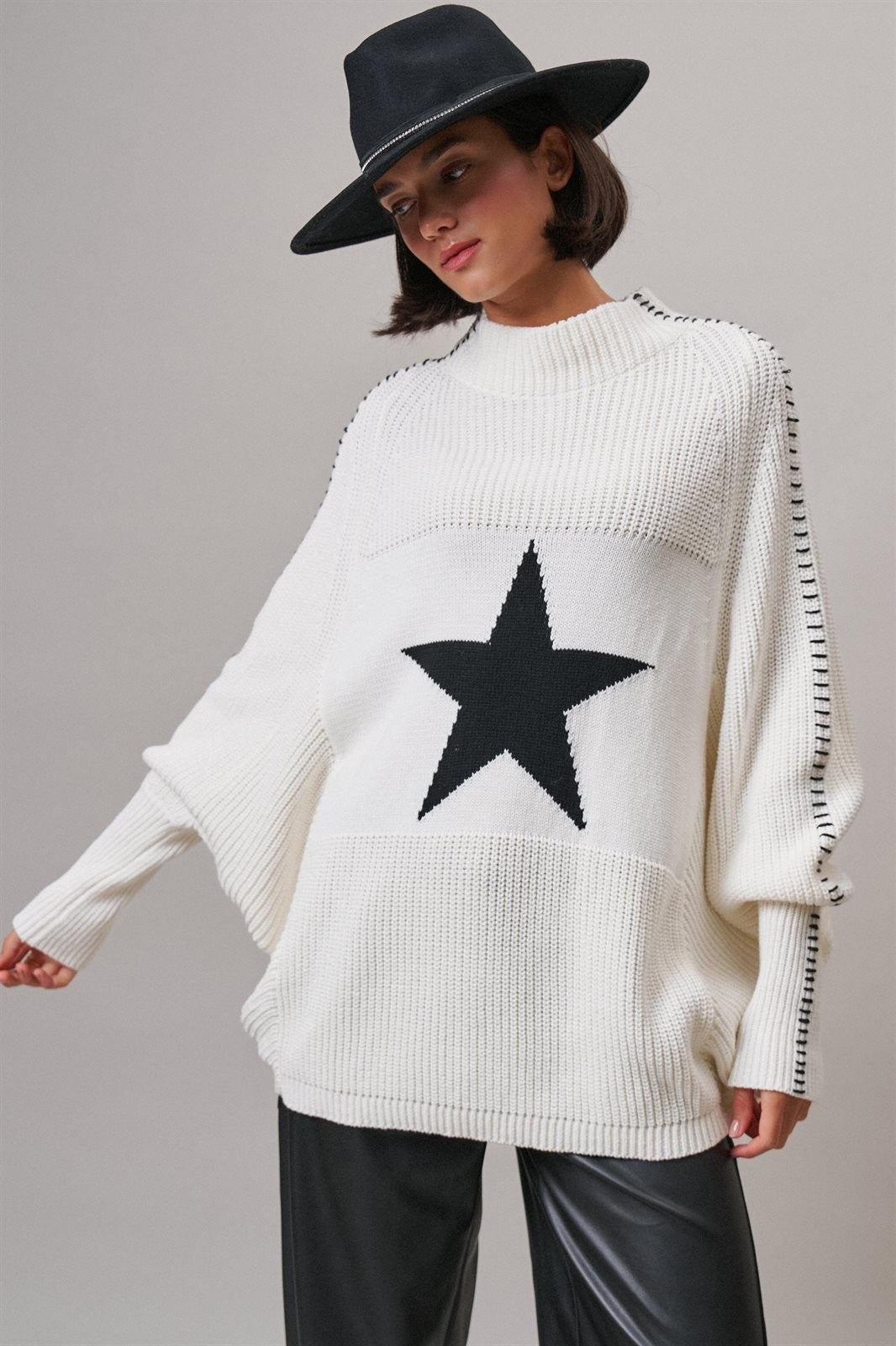 Star Intarsia Mock Neck Sweater in IVORY - Women's Sweaters | Urban Daizy