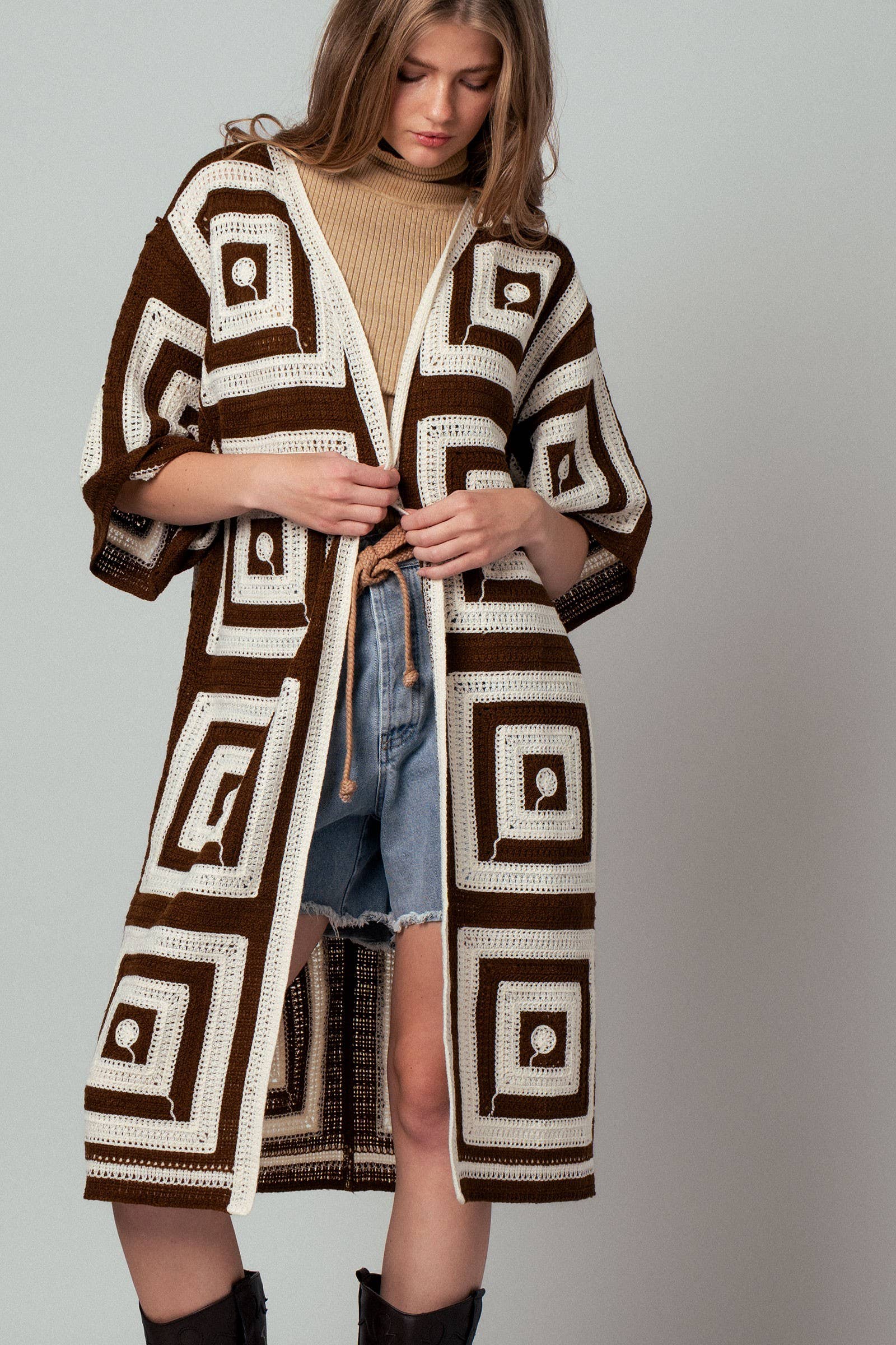 Geometric Granny Square Crochet Open Front Cardigan
