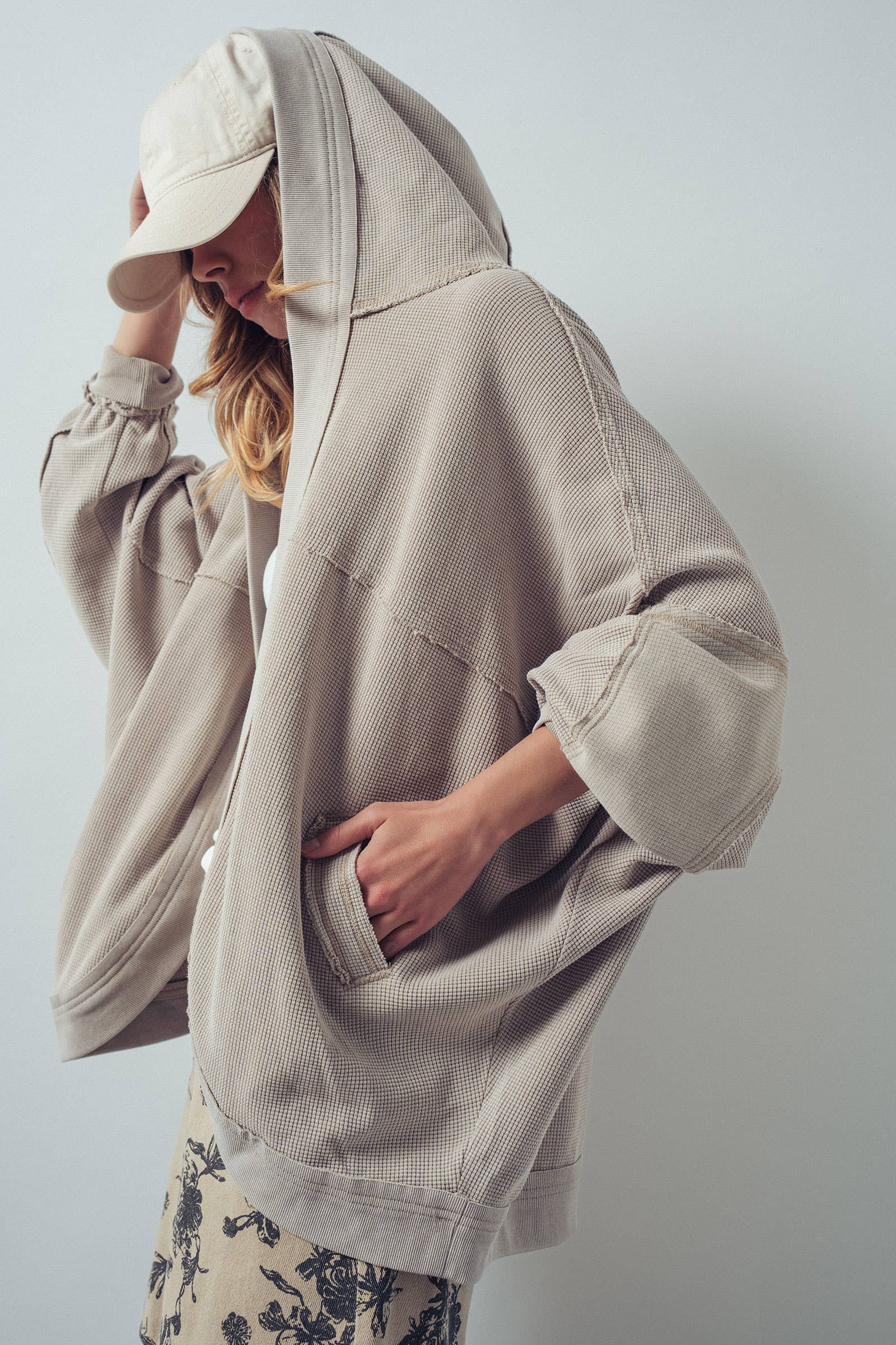 Washed Waffle Knit Hooded Cardigan