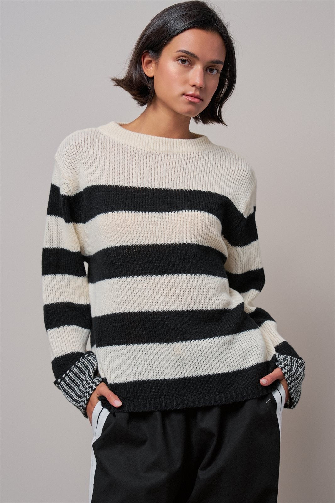 Striped Oversized Chunky Knit Sweater in BLACK - Women's Sweaters | Urban Daizy