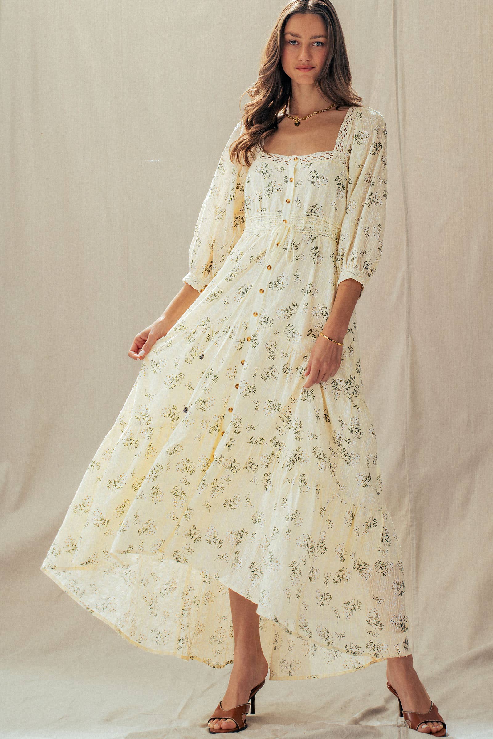 Floral Print Crochet Trim Balloon Sleeve Maxi Dress