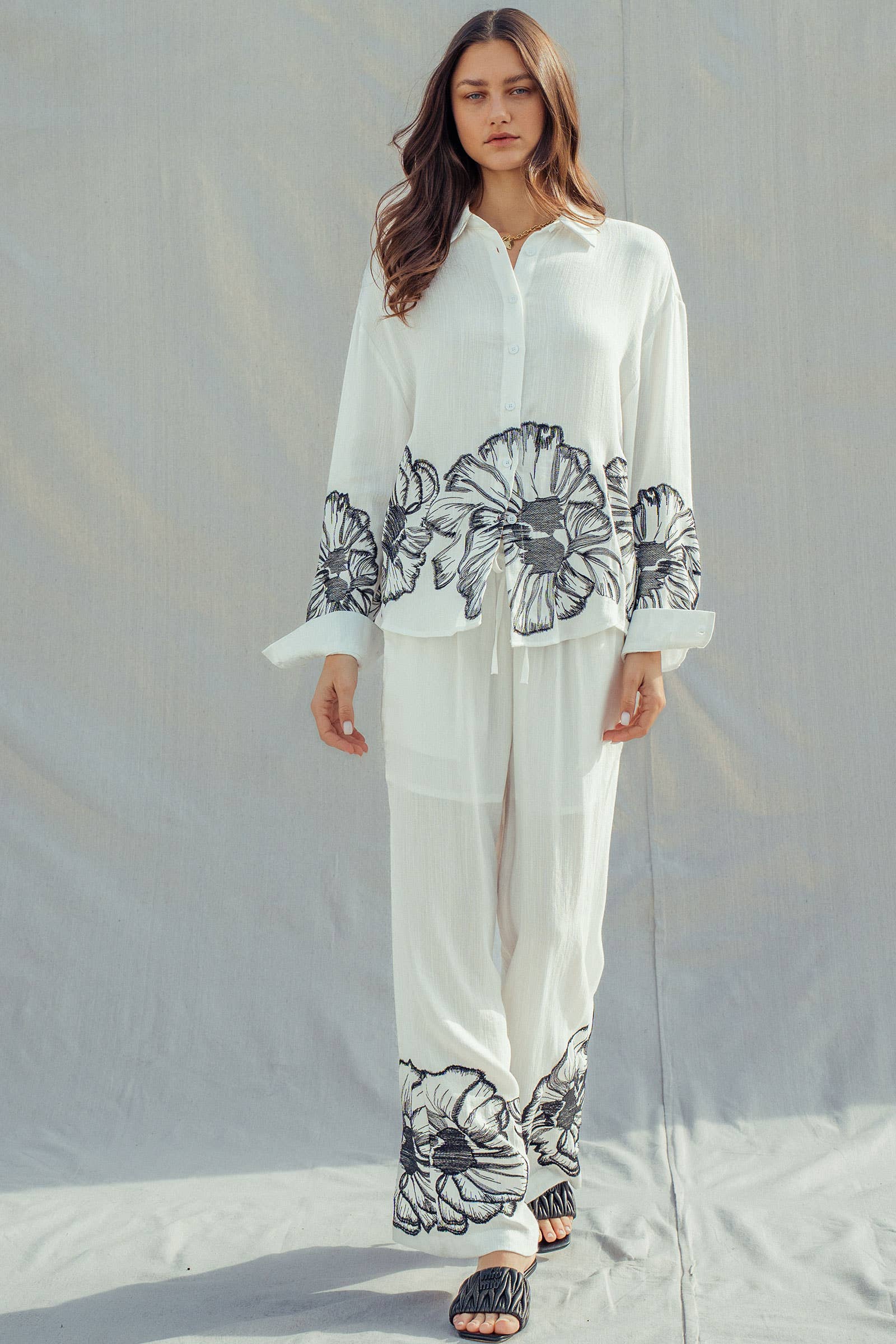 Floral Embroidered Wide Leg Drawstring Pants