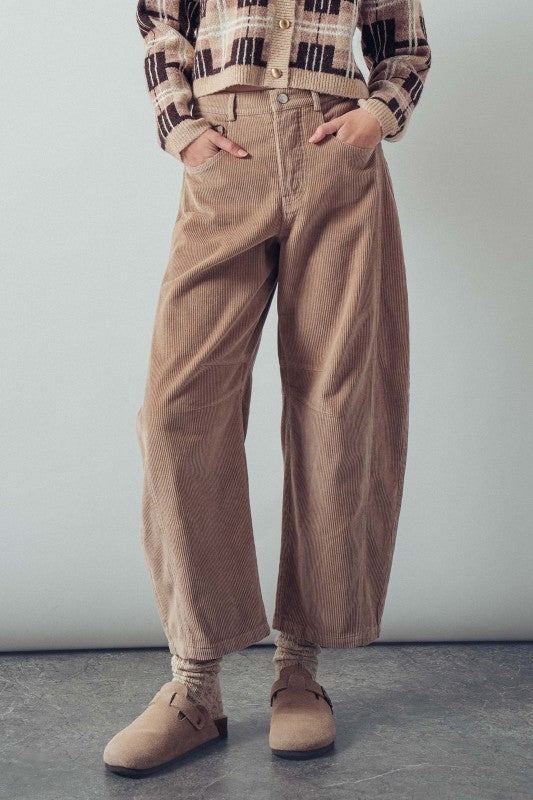 Inseam Stitch Detail Corduroy Barrel Jeans