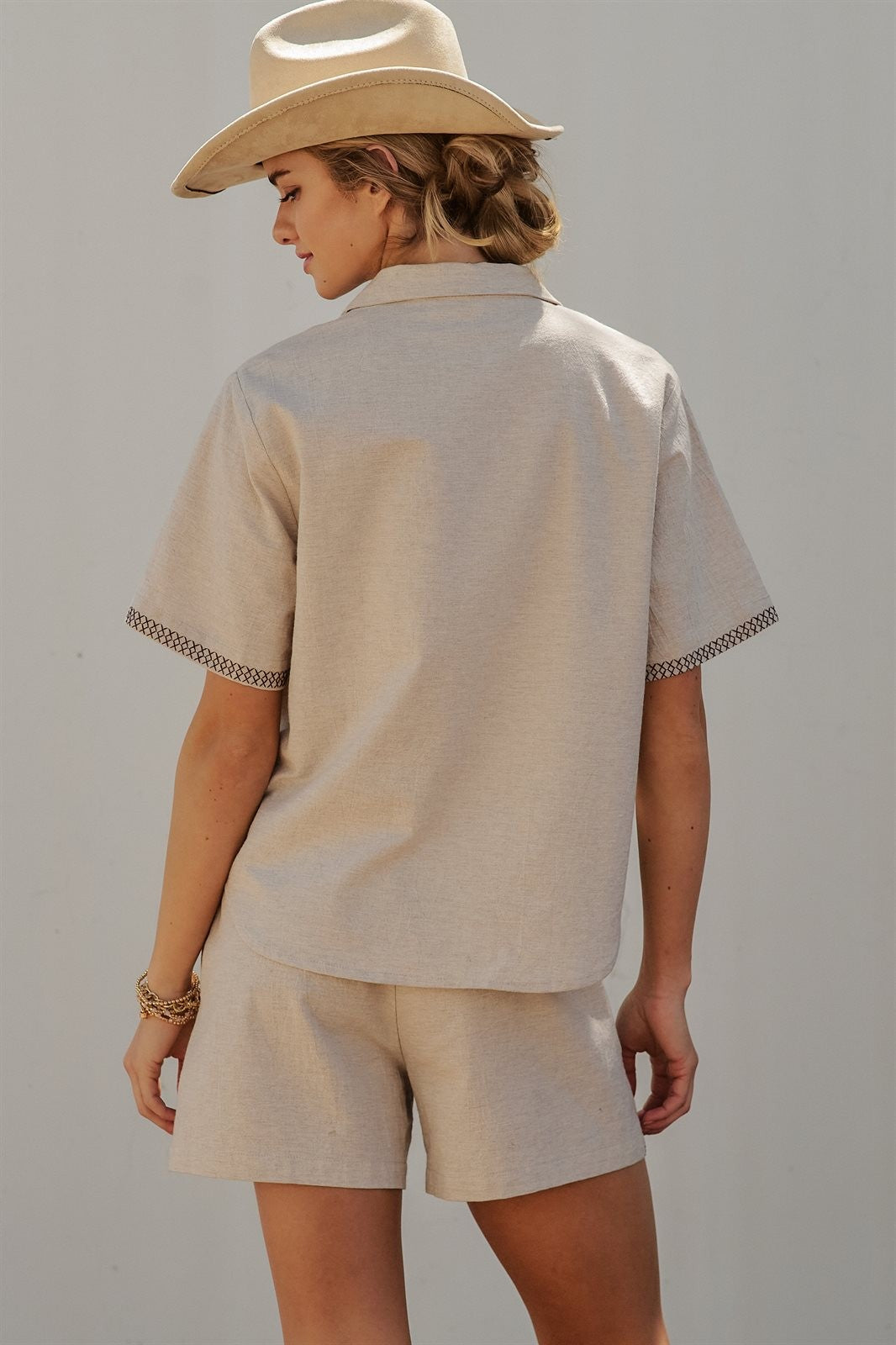 Sweet Cowgirl Boot Stitch Embroidered Shirt in LINEN - Women's Shirts & Blouses | Urban Daizy